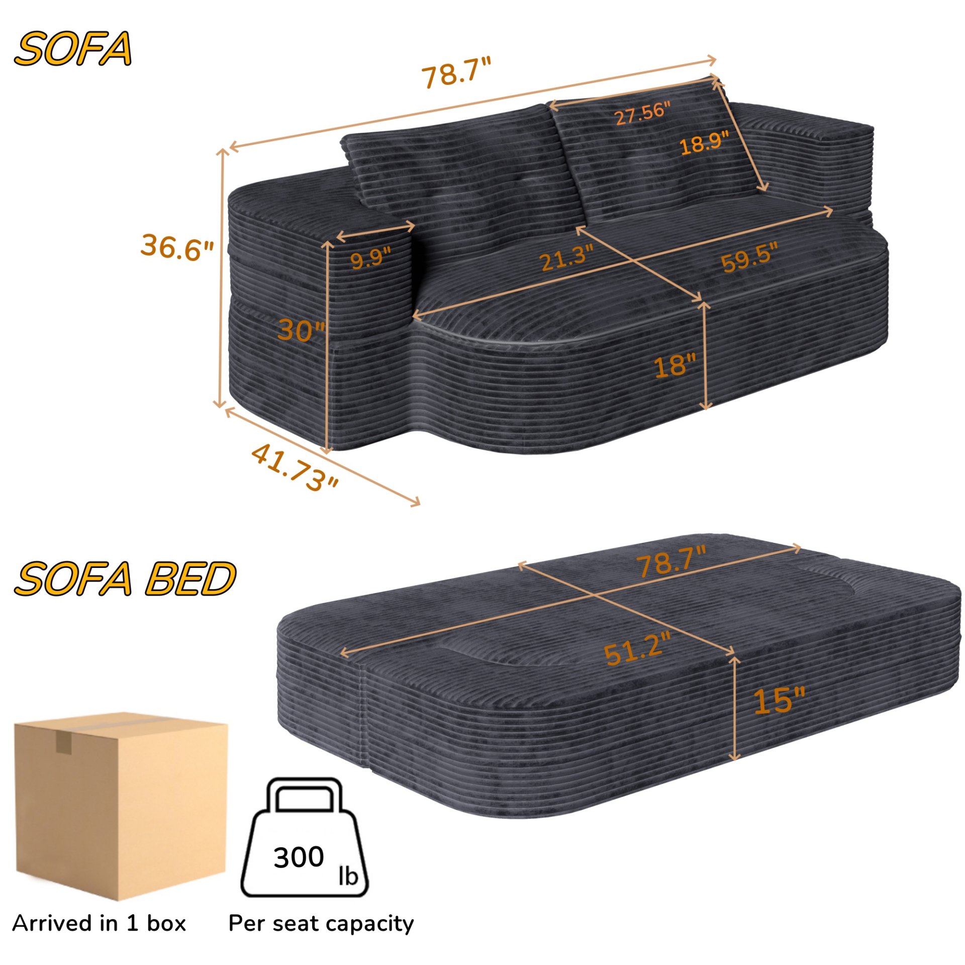 2 In 1 Foldable Sofa Plush Corduroy Sofa Convertible Floor Sofa Bed Deep Seating With Multi Functional Blanket Suitable For Living Rooms - Dark Gray - Image 4