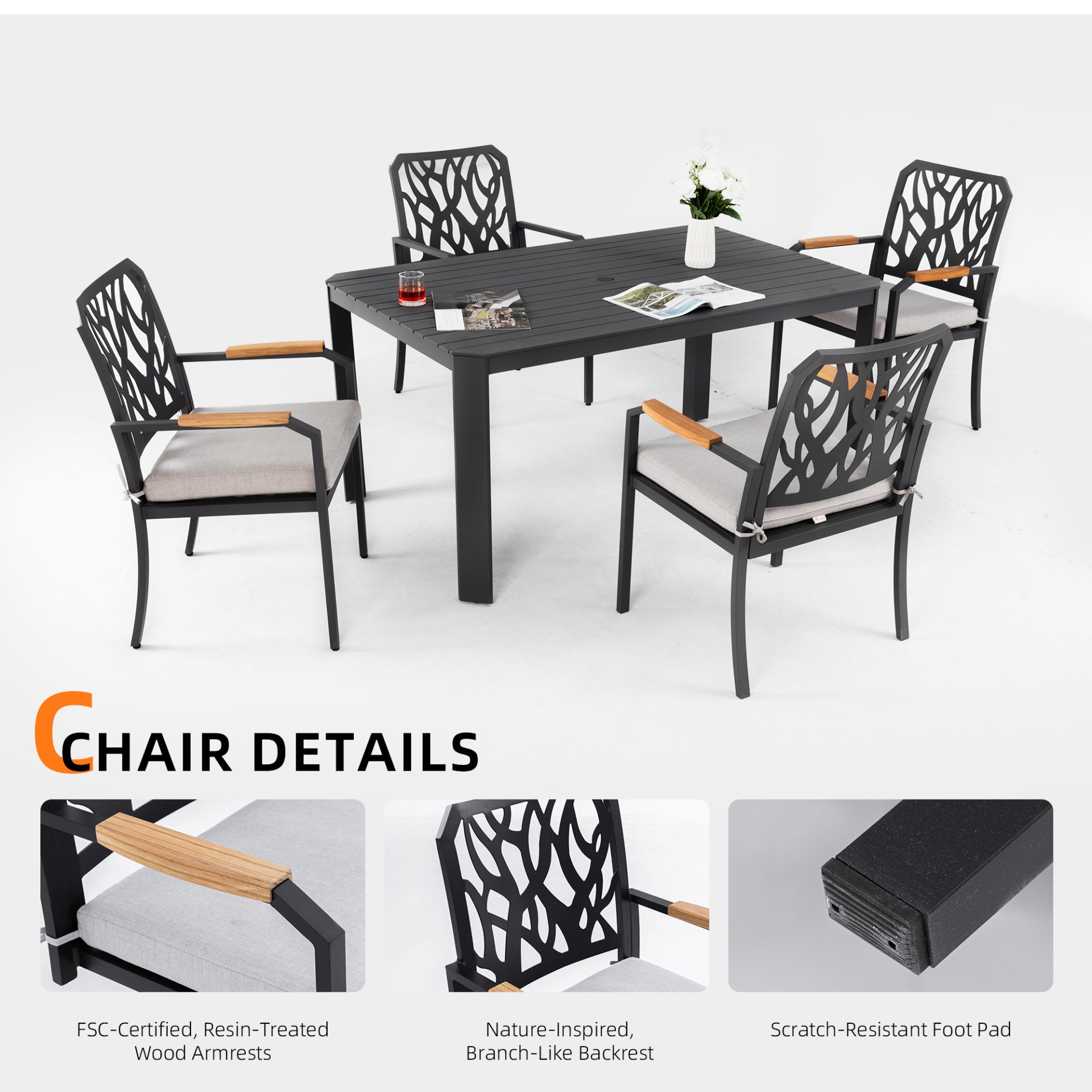 5 Pieces Outdoor Patio Aluminum Furniture Set, Rectangular Table With Umbrella Hole - Bourbon Brown - Image 8