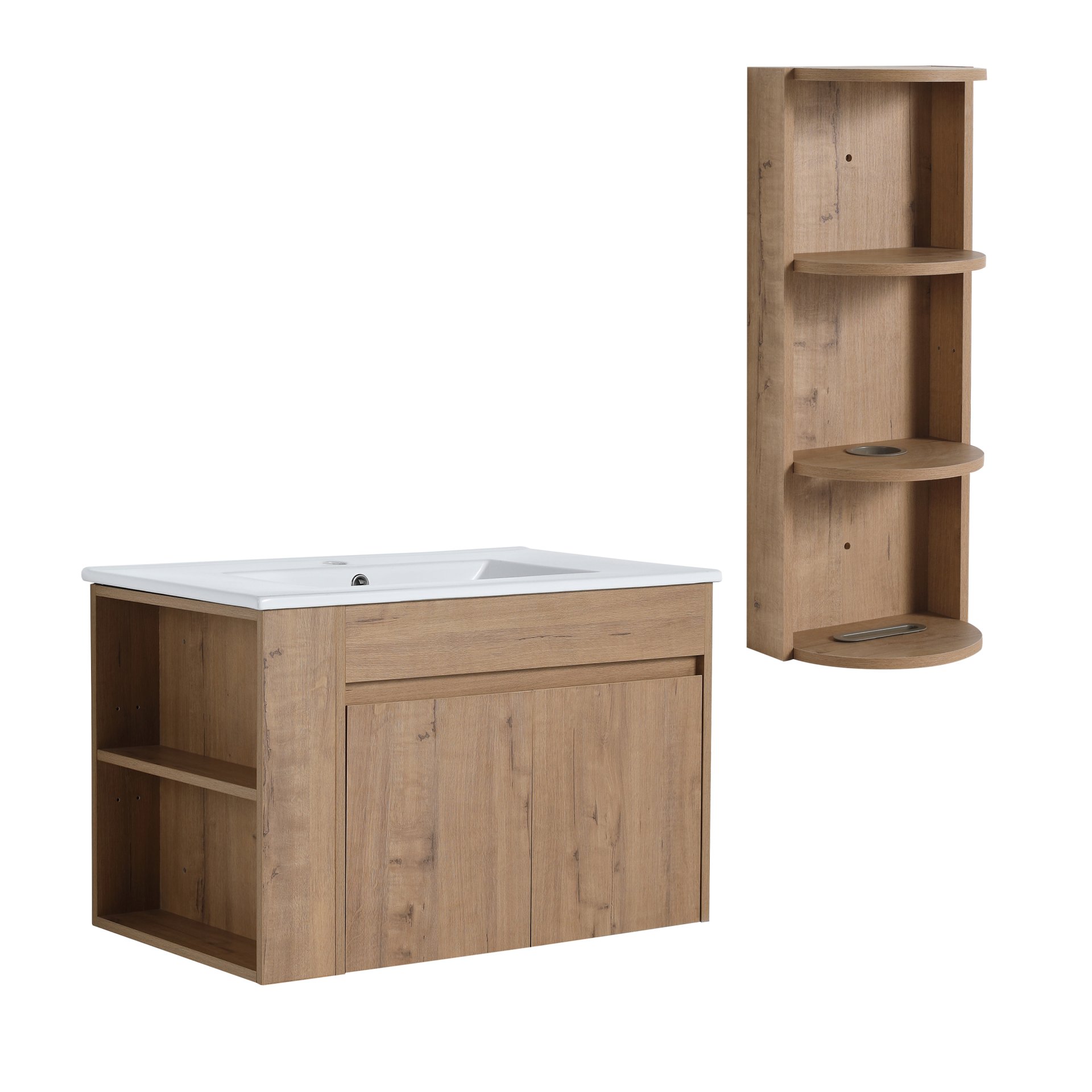 Modern Wall Mounted Bathroom Vanity With Sink And Storage Rack Soft Close Doors Plywood - Imitative Oak - Image 13