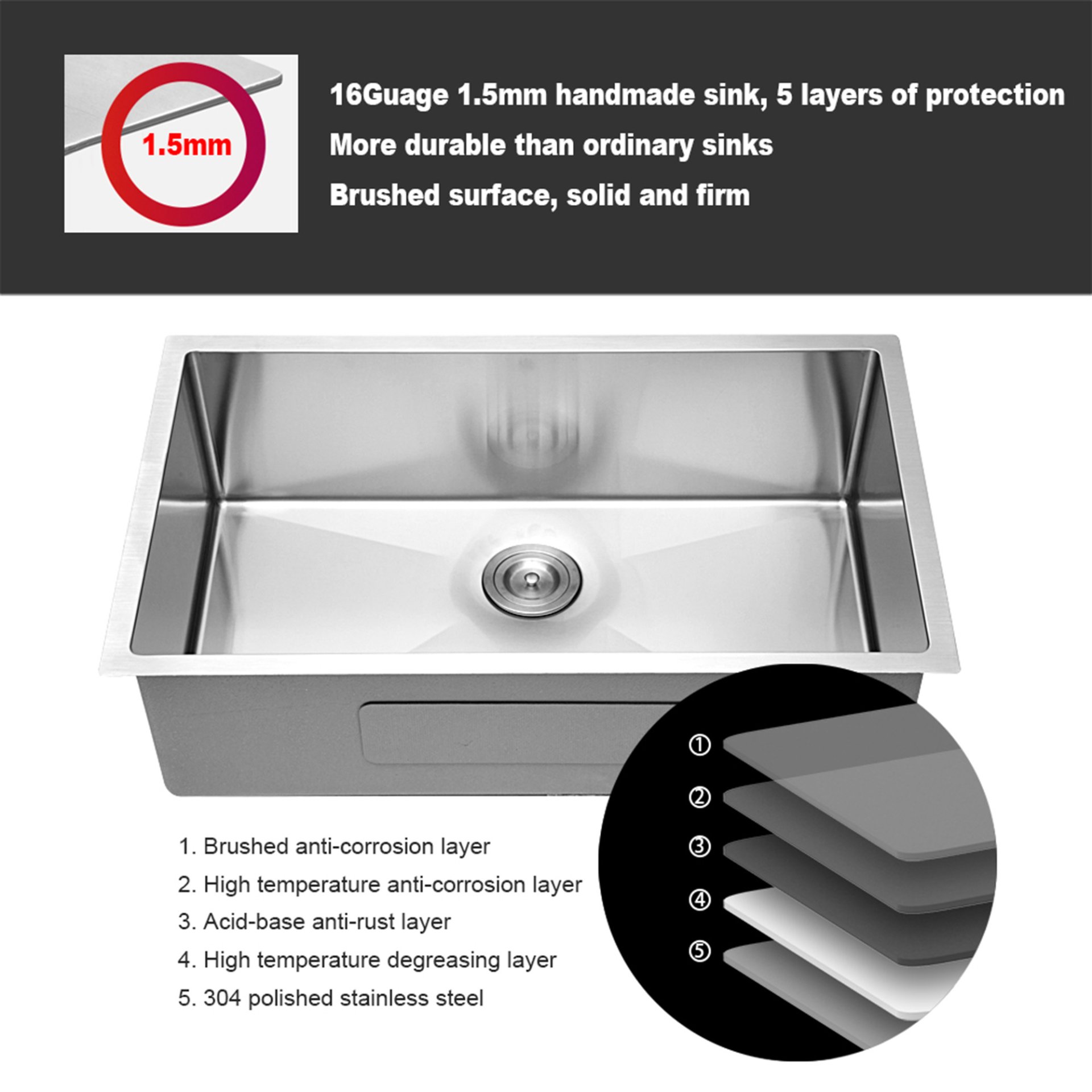 28" Undermount Kitchen Sink With, 10" Deep, Single Bowl, Rounded Corners - Brushed Nickel - Image 4