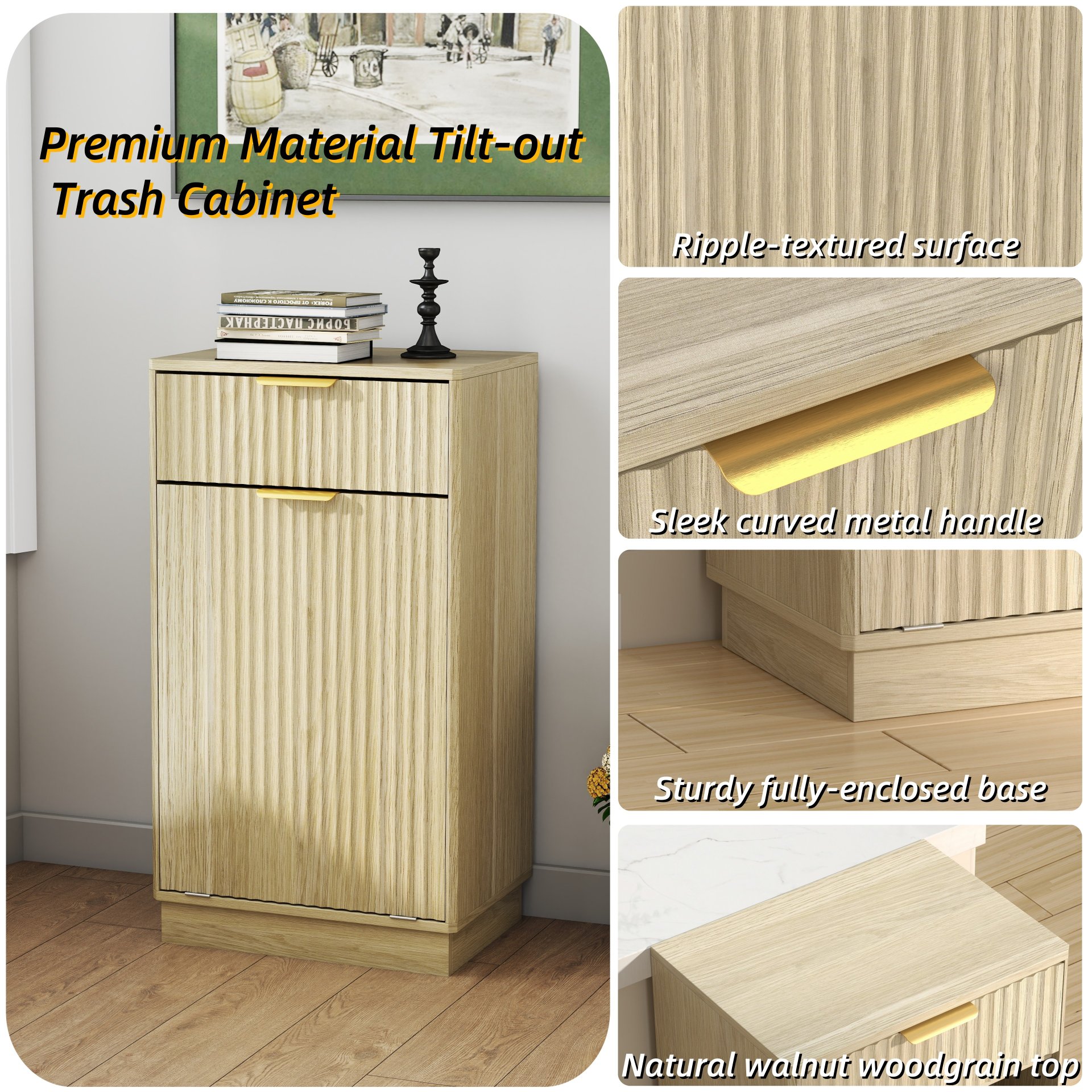 10 Gallon Tilt Out Trash Can Cabinet With Wave Textured Drawer - Oak - Image 5