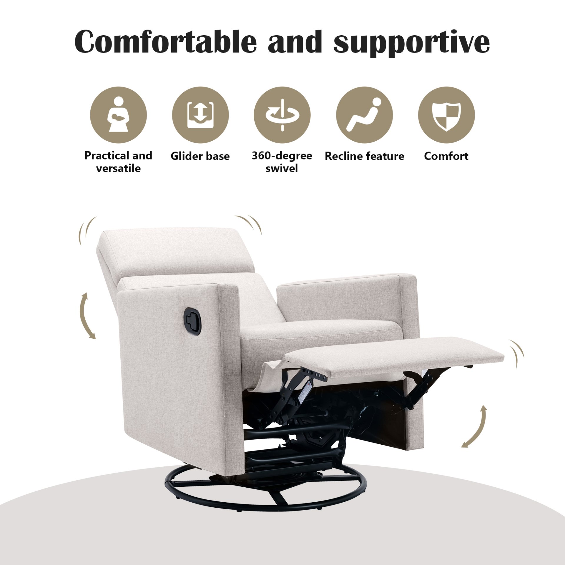 Modern Upholstered Rocker Nursery Chair Plush Seating Glider Swivel Recliner Chair - Tan - Image 7
