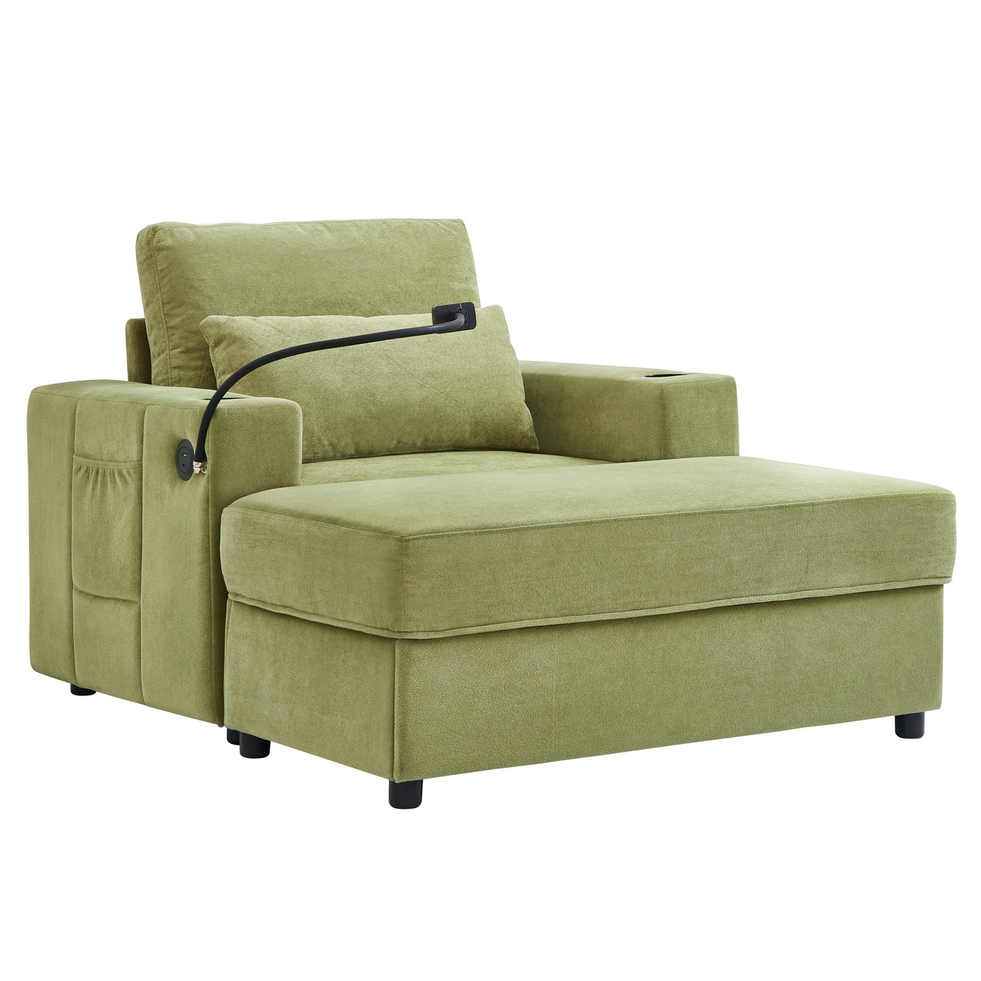 Modern Style Armchair Chaise Lounge Sofa Couch With Movable Storage Ottoman, USB Ports, Cup Holders, Phone Holder, Side Pockets - Green - Image 14