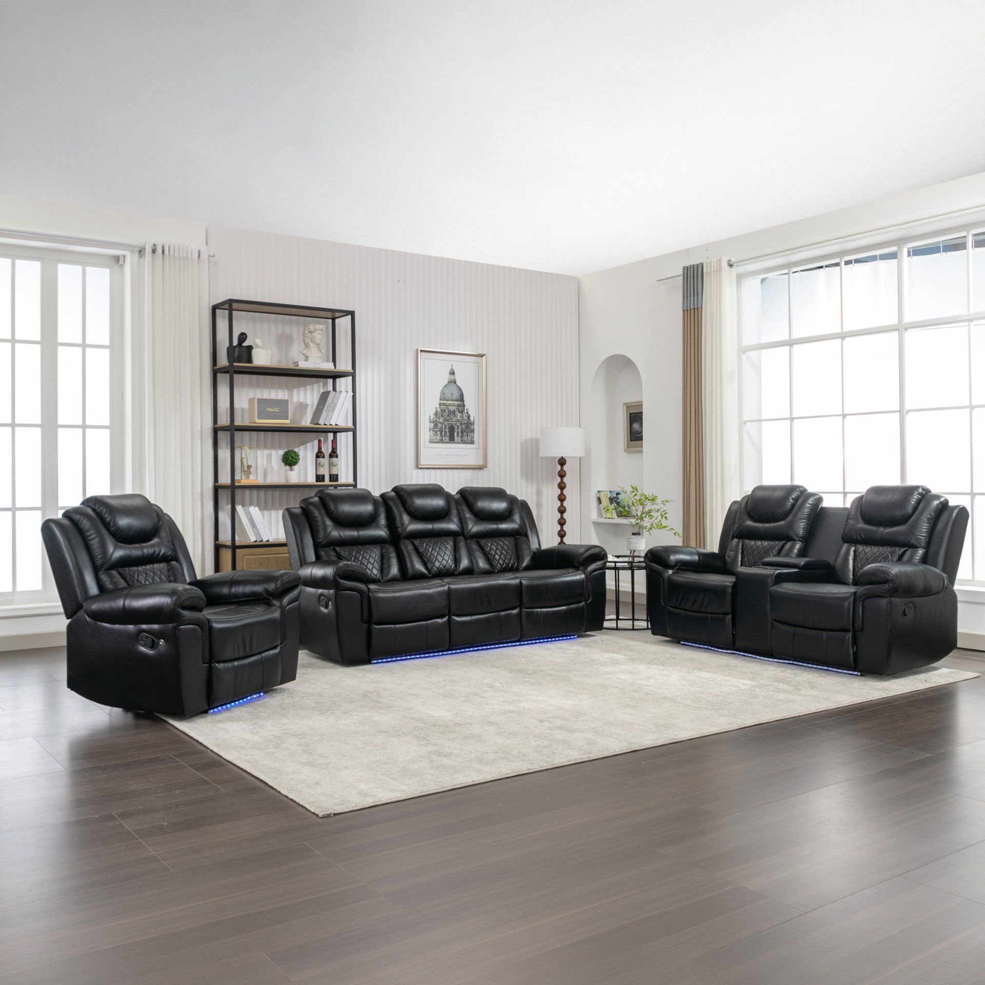 3 Pieces Recliner Sofa Sets Home Theater Seating Manual Recliner Chair With Center Console And Led Light Strip For Living Room - Black - Image 5
