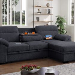 Kipling II - Chenille Fabric Sleeper Sectional Sofa With Right Facing Chaise, Cupholders, USB Charging Port - Dark Gray