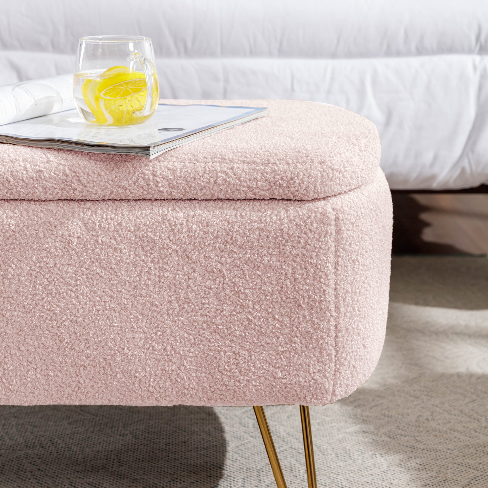 Storage Ottoman Bench For End Of Bed Gold Legs, Modern Gray Faux Fur Entryway Bench Upholstered Padded With Storage For Living Room Bedroom - Pink - Image 9