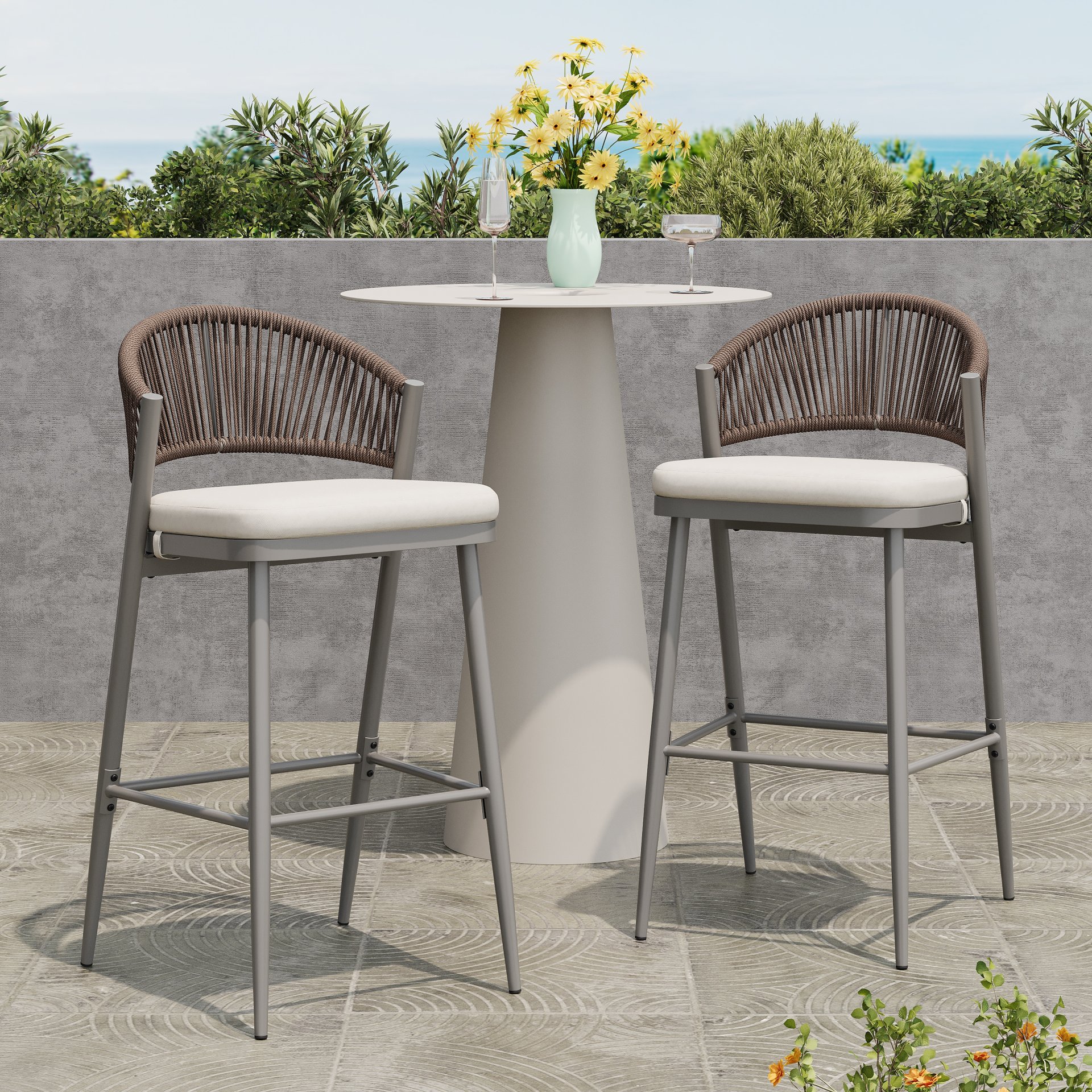 Outdoor Bar Height Metal Frame Counter Stools With Scallop Shaped Backrest & Water Resistant Cushions (Set of 2) - Matte Gray - Image 2
