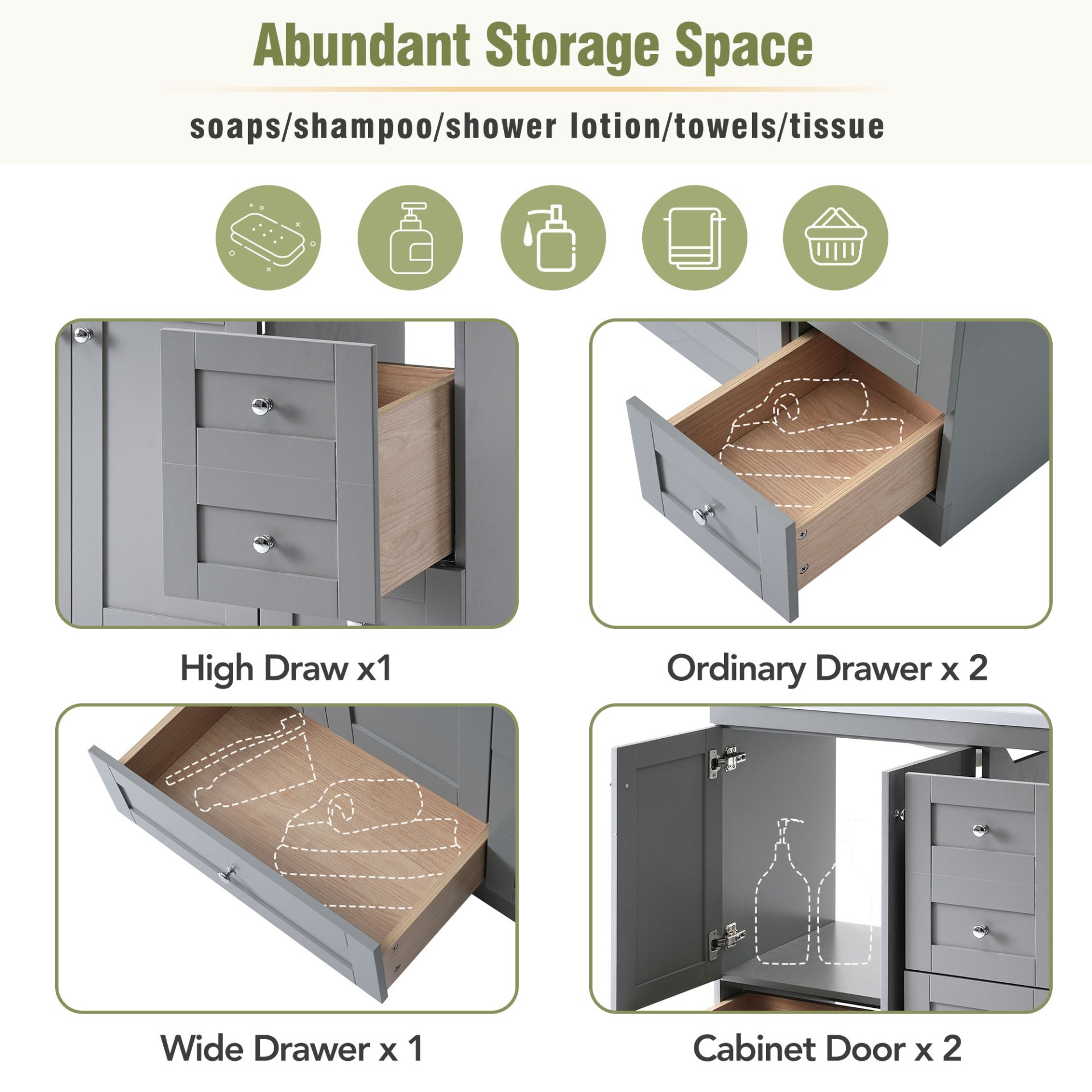 Shaker Style Free Standing Bathroom Vanity Cabinet With Sink, 4 Soft Close Drawers And 2 Soft Close Doors - Gray - Image 8