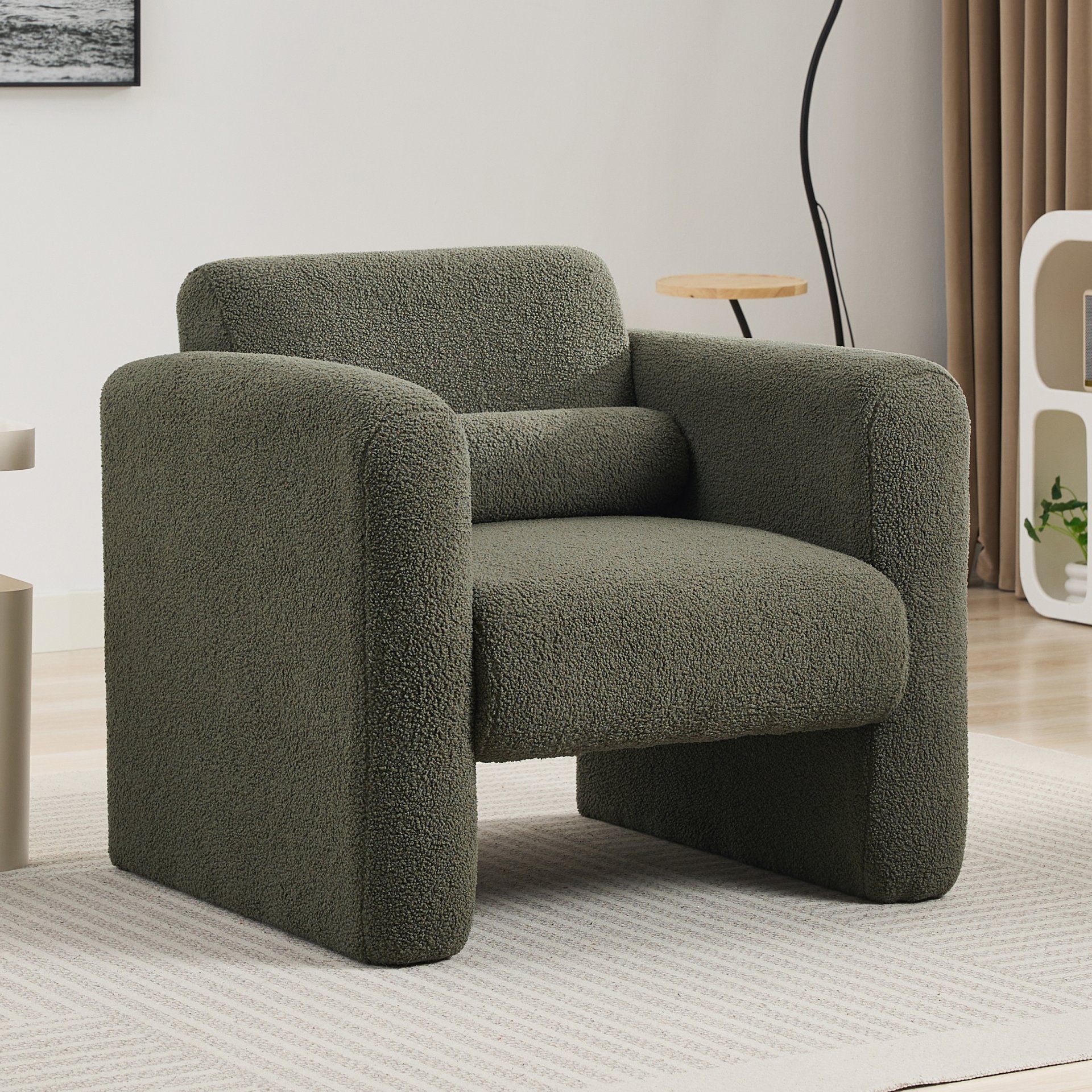Modern Accent Chair Lambskin Sherpa Upholstered Comfy Reading Arm Chair Soft Padded Armchair With Back And Pillow For Living Room - Seaweed Green - Image 6