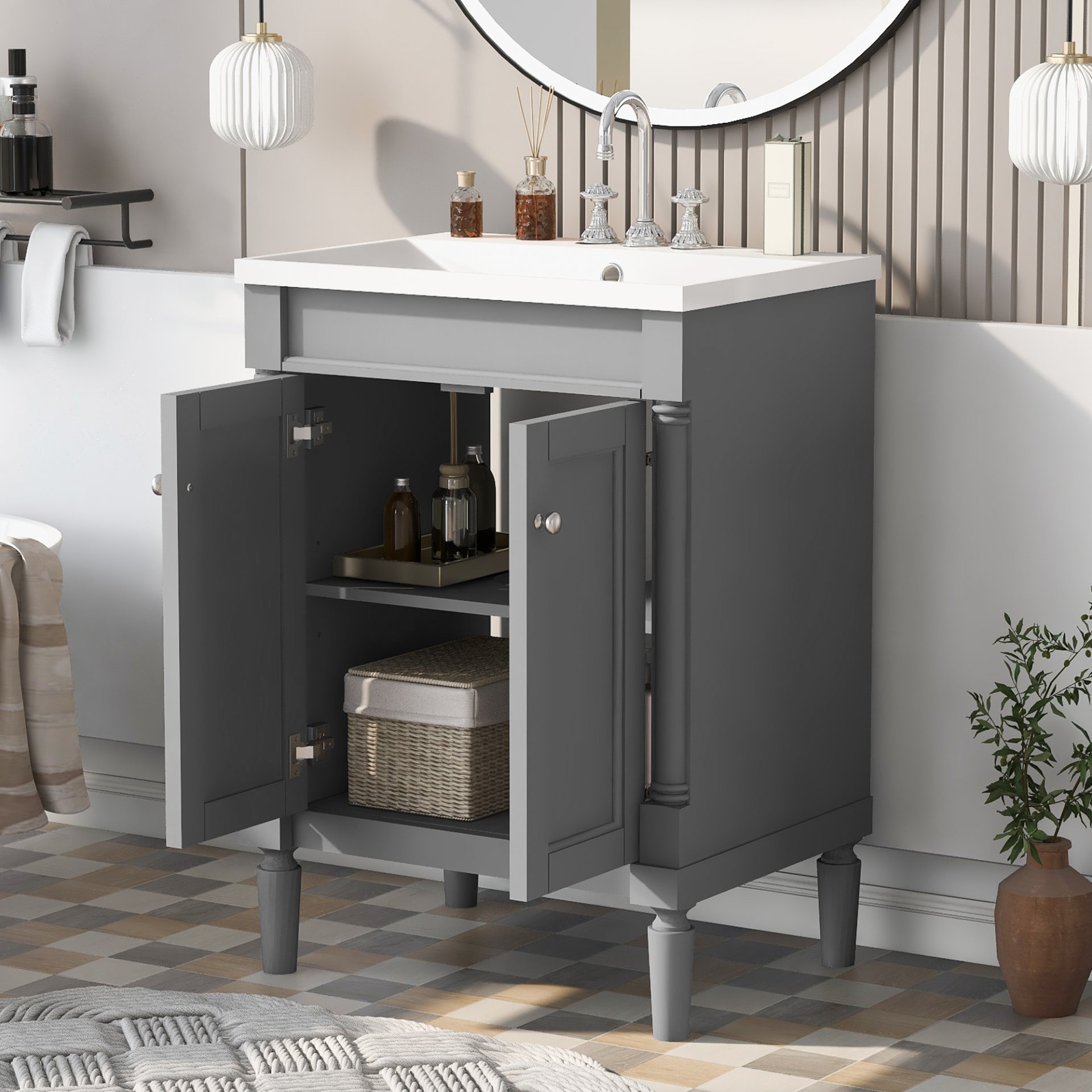Bathroom Vanity With Top Sink, 2-Tier Modern Bathroom Storage Cabinet, Single Sink Bathroom Vanity, Large Storage Shelves - Gray - Image 2