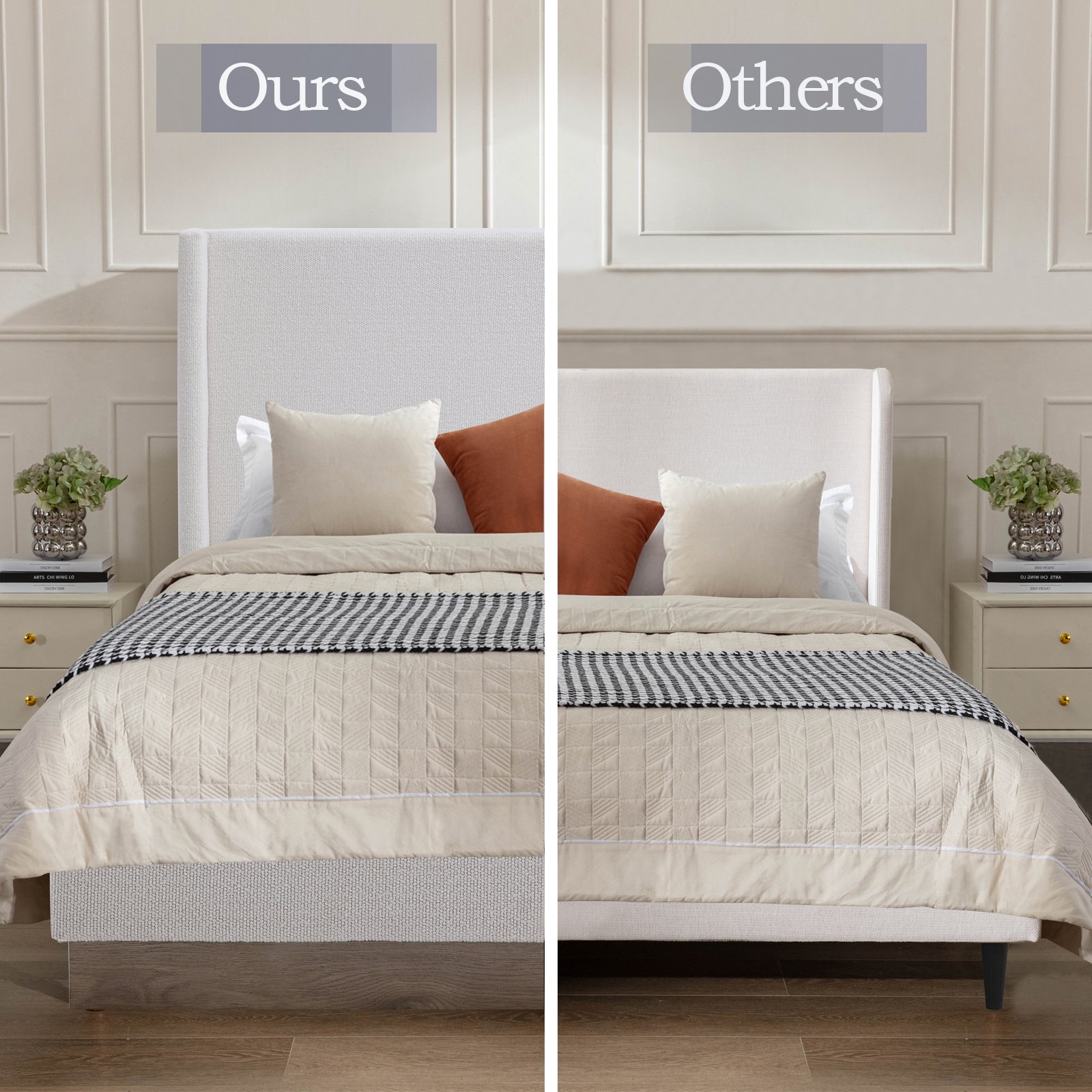 Hosford - Upholstered Wingback Bed Queen With Base Platform, High Headboard - Cream White / Light Gray / Camel Oak - Image 7