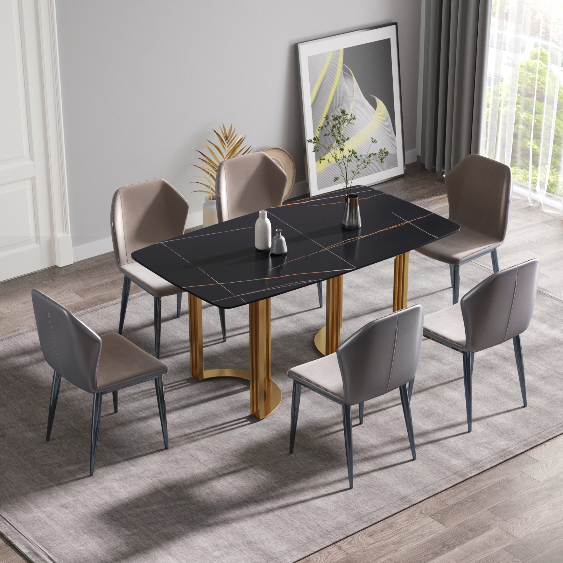 63" Modern Artificial Stone Curved Golden Metal Leg Dining Table, 6 People - Black / Gold - Image 2