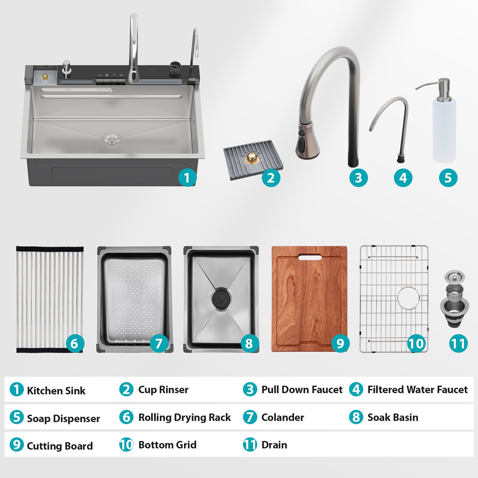 Kitchen Waterfall Sink Single Bowl With LED Faucet, Ledge Workstation, And Multi Function Pull Out Spray - Brushed Nickel - Image 11