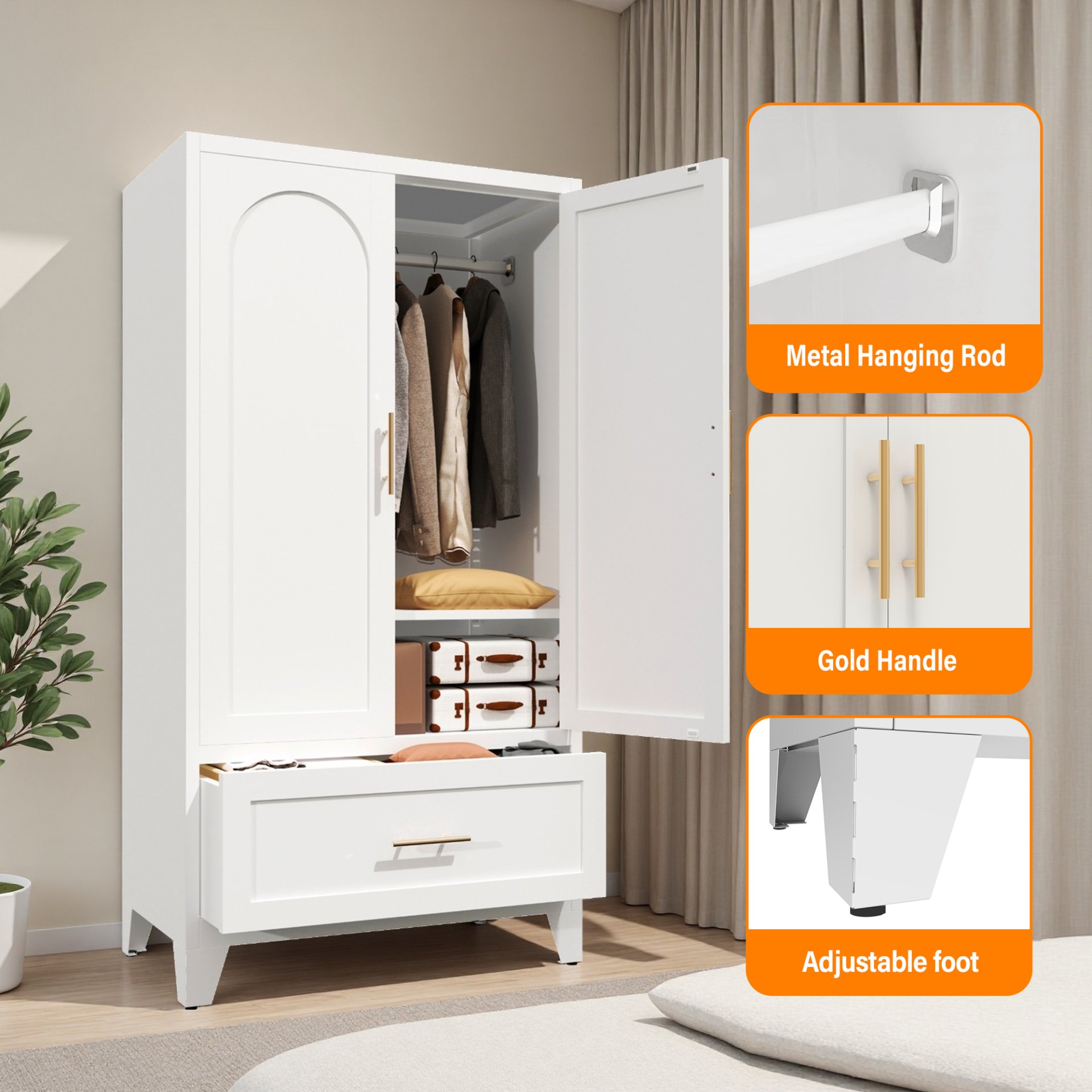 Wardrobe Cabinet With 1 Drawer And Hanging Rod, 2 Doors Closet With Shelf For Bedroom - White - Image 8