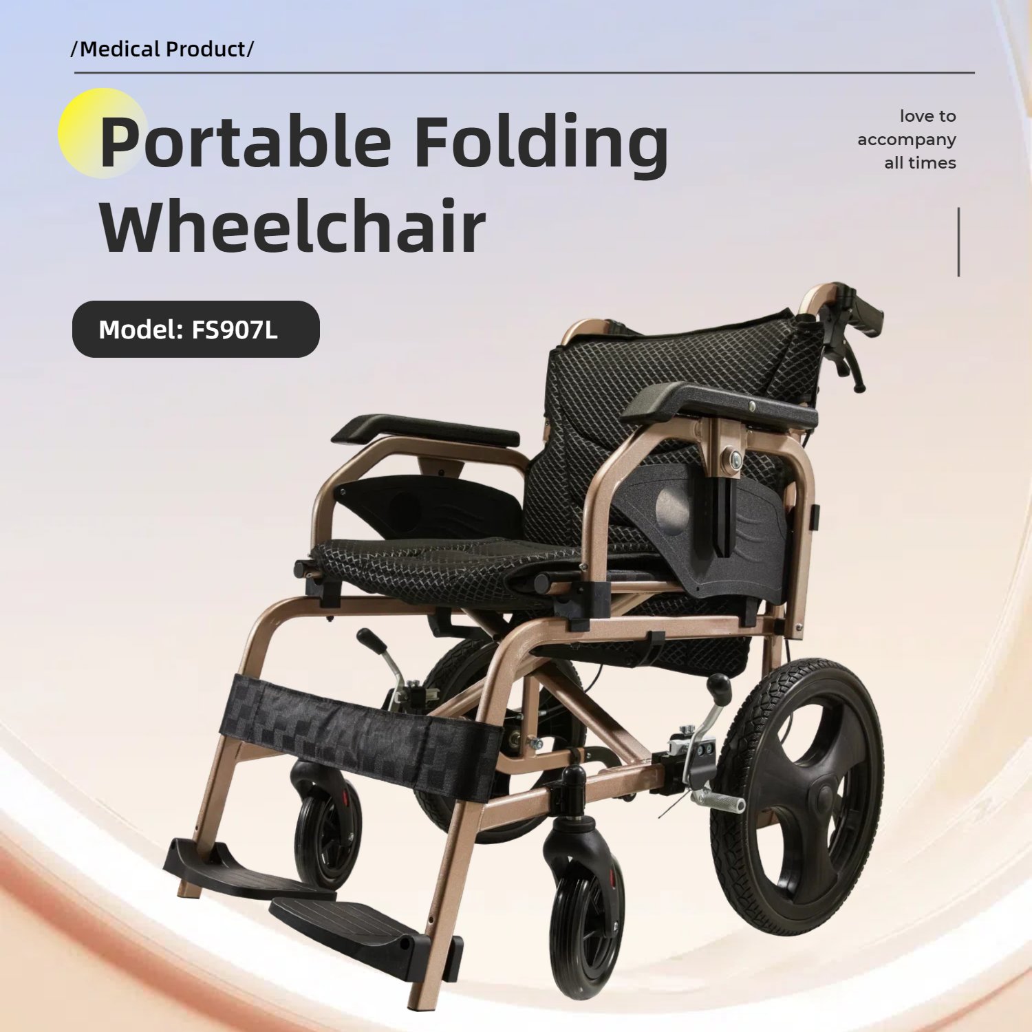 Lightweight Foldable Transport Wheelchair Square Tube Design With Double Brakes Adjustable Armrest & Breathable Seat Cushion Ideal For Disabled & Post Surgery Recovery - Black / Gold - Image 4
