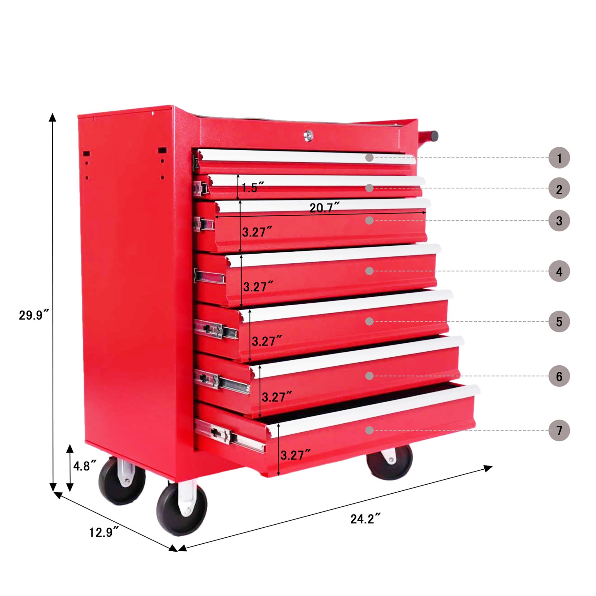 Red 7 Drawer Metal Rolling Tool Chest With Locking System And Wheels, Steel Construction - Red - Image 3
