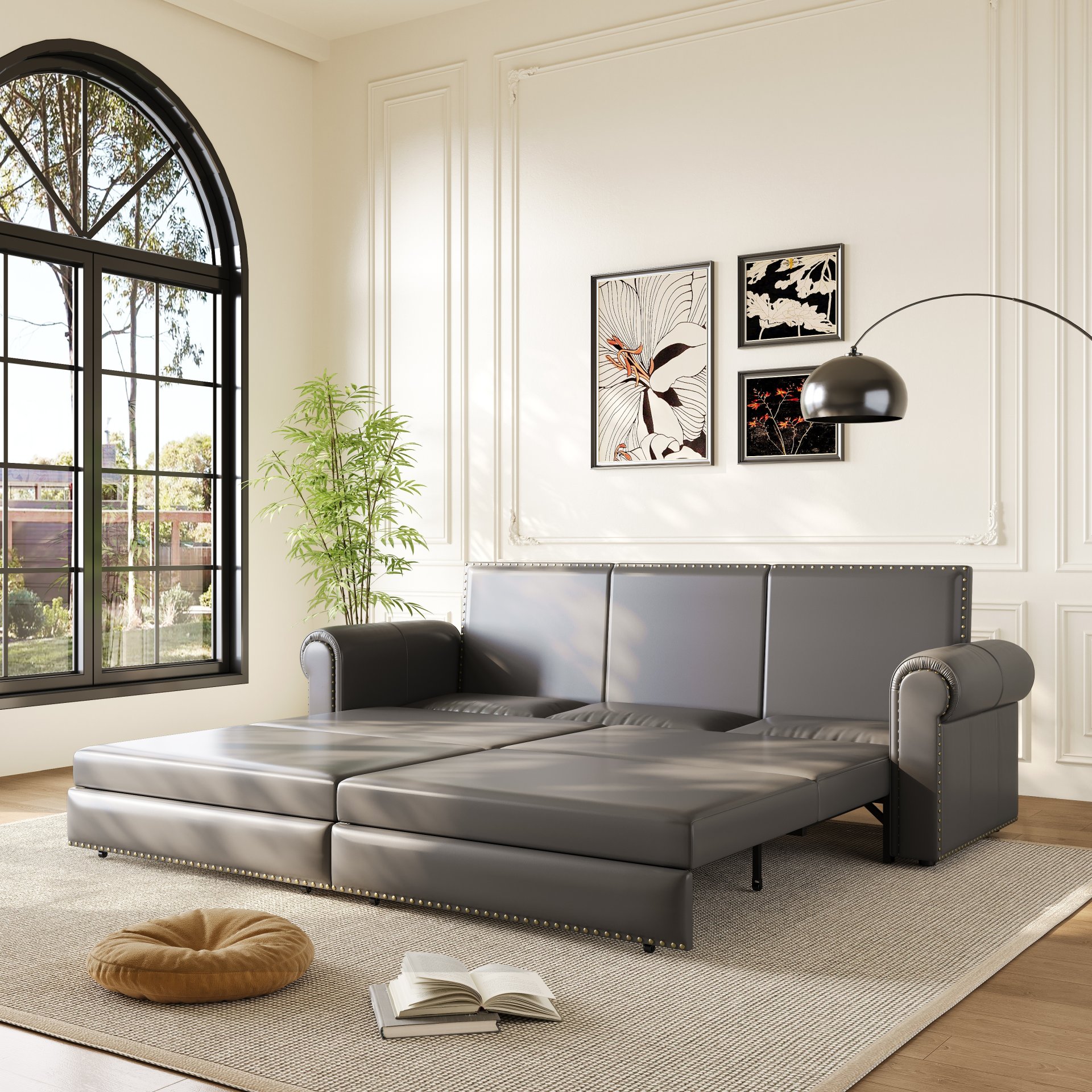 Pull Out Sofa Bed, 3 In 1 Convertible Sleeper Sofa With Nailhead Trim & Rolled Arm, Multi Functional Sofa Bed For Living Room, Bedroom, Apartment, Office - Gray - Image 2