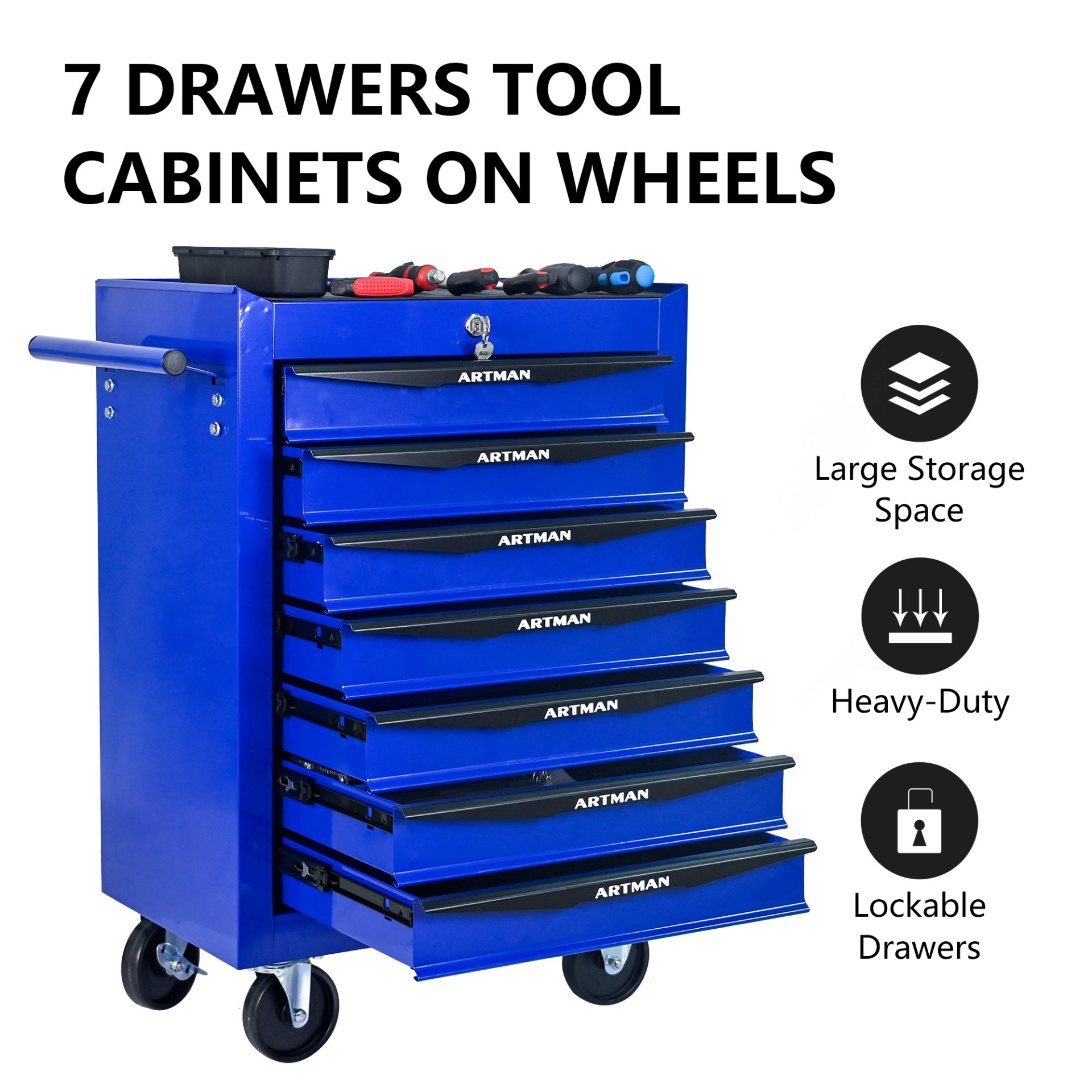 Rolling Metal Tool Chest With 7 Drawers, 20" Steel Storage Cabinet With Ball Bearing Slides - Black / Blue - Image 4