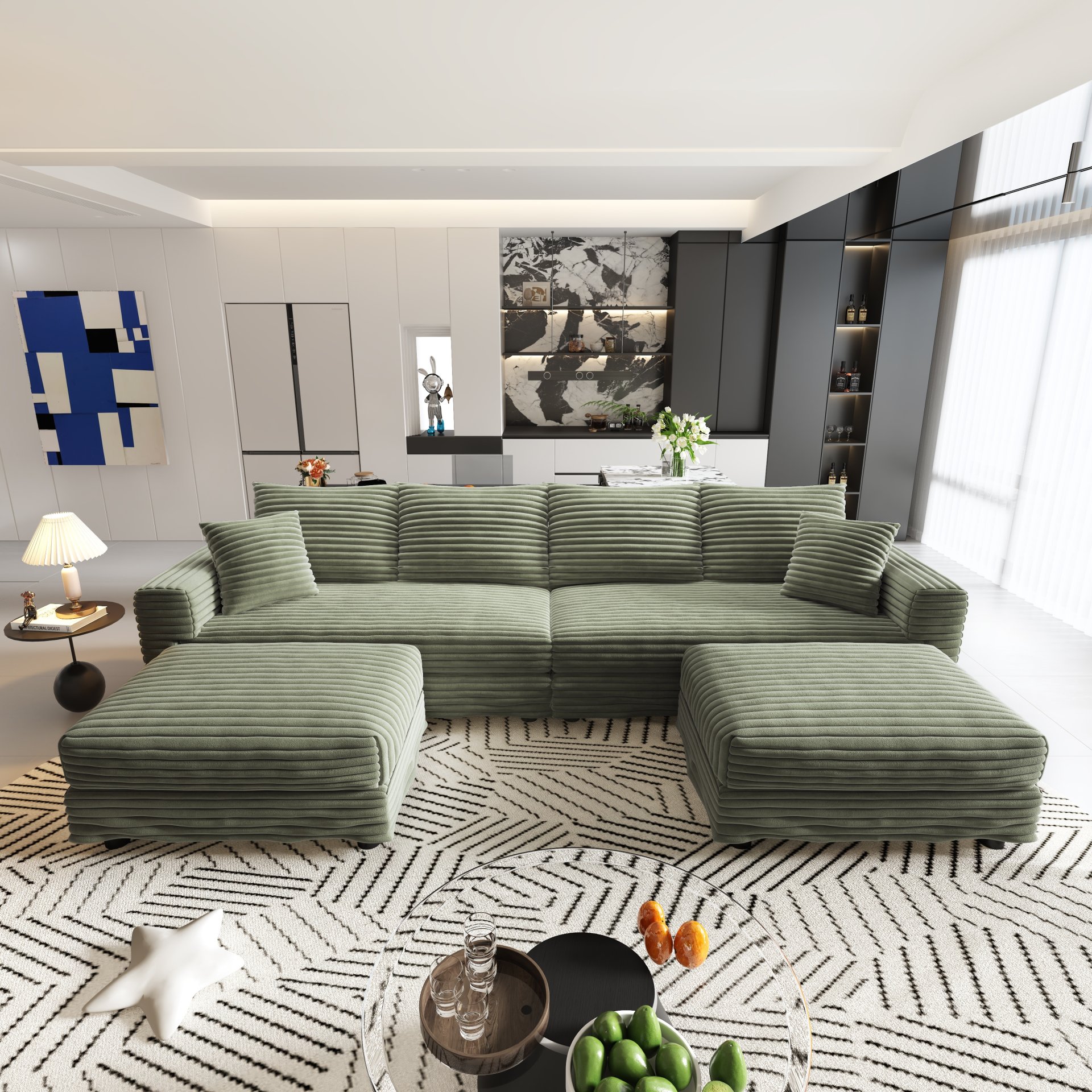4 Seat Sofa, Deep Seat Couches With Soft Pillows And 2 Ottomans, Convertible Sofa Lounge Chair, For Living Room - Green - Image 13