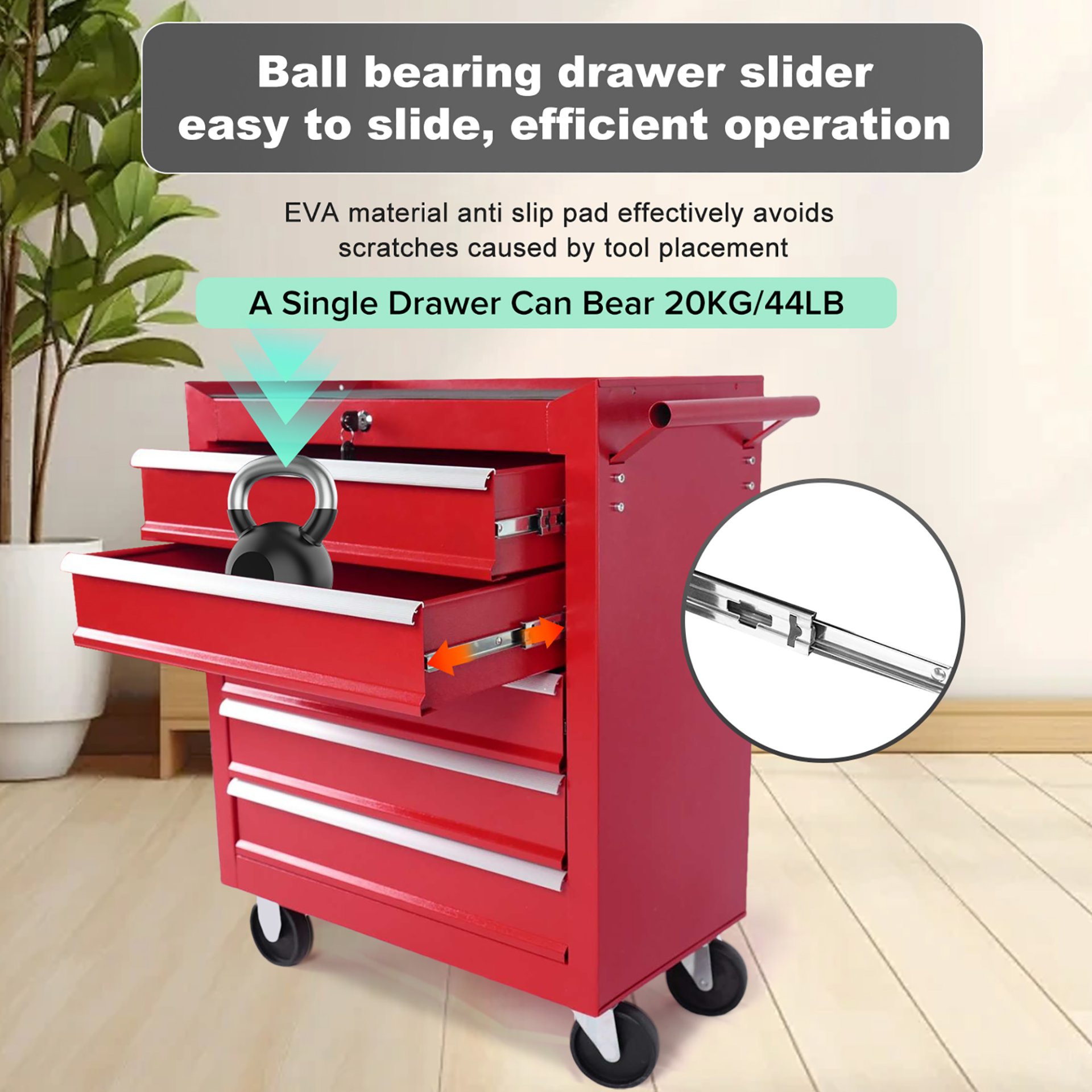 5 Drawer Metal Rolling Tool Chest With Locking System And Wheels - Red - Image 5