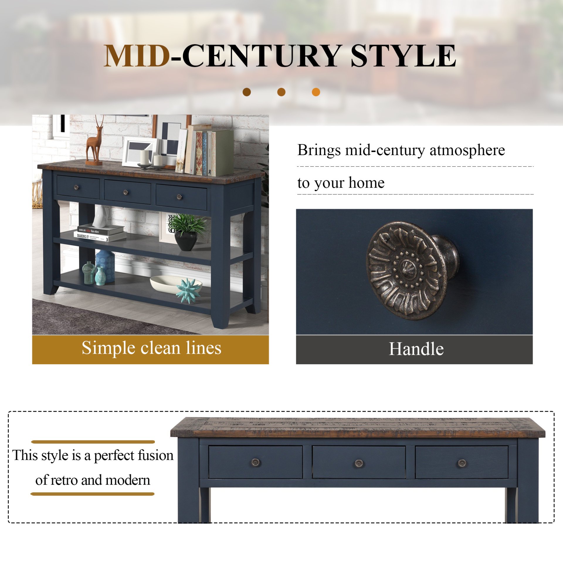 49'' Rectangular Solid 3 Drawer 2 Shelf Console Table - Blue - Image 6