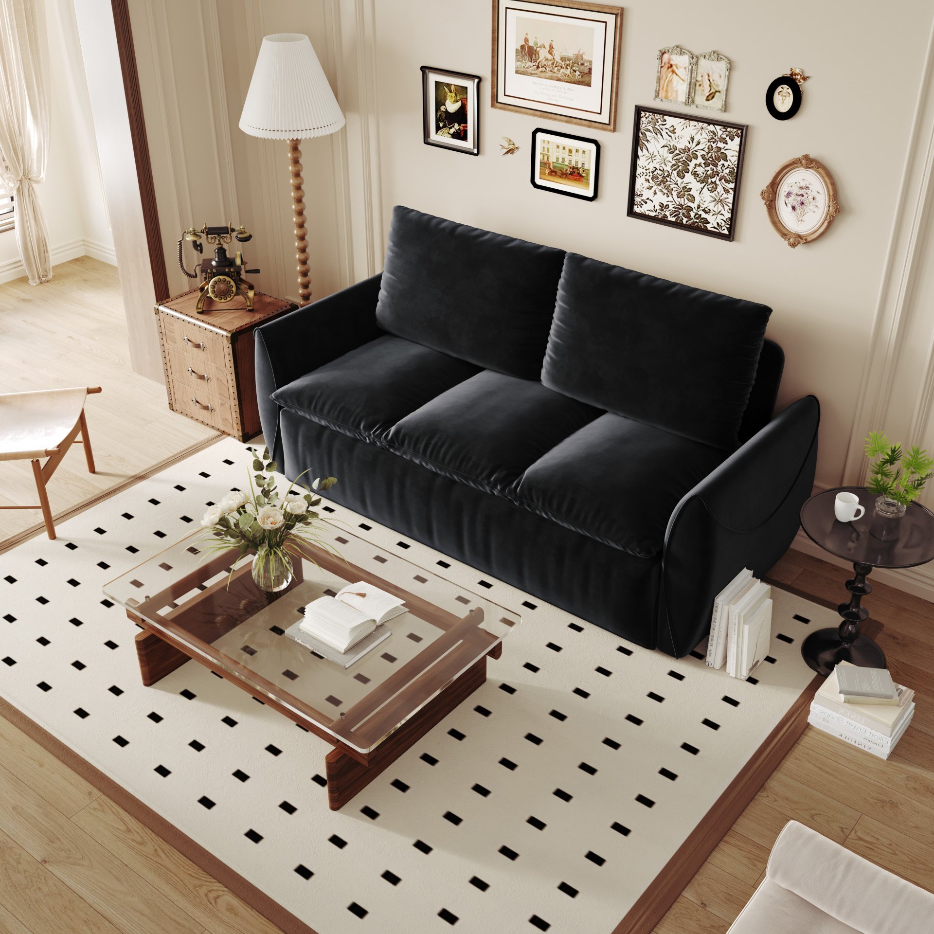 Pull Out Sofa Bed, 3 Seat Convertible Sleeper Sofa With 2 In 1 Pillow And Blanket Set Multifunctional Velvet Loveseat Bed - Black - Image 7