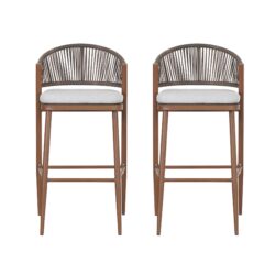 Outdoor Bar Height Aluminum Frame Counter Stools With Scallop Shaped Backrest & Water Resistant Cushions (Set of 2) - Teak