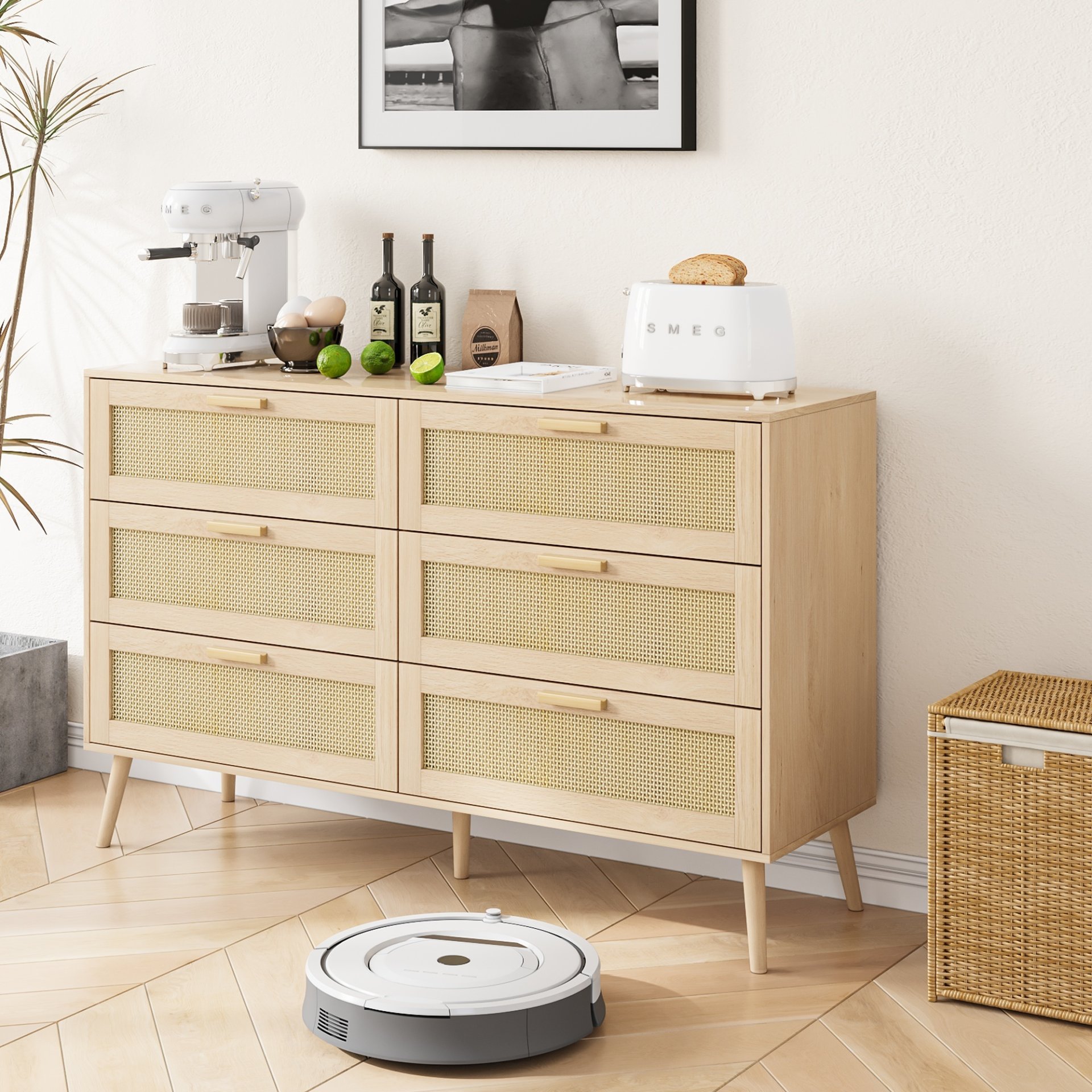 Rattan 6 Drawers Chest Of Dressers For Bedroom, Modern 6 Drawer Dresser, Wide Chest Of Drawers With Wood Handles, Rattan Dresser Storage Cabinet For Living Room, Bedroom, Hallway - Natural Wood / Oak - Image 4