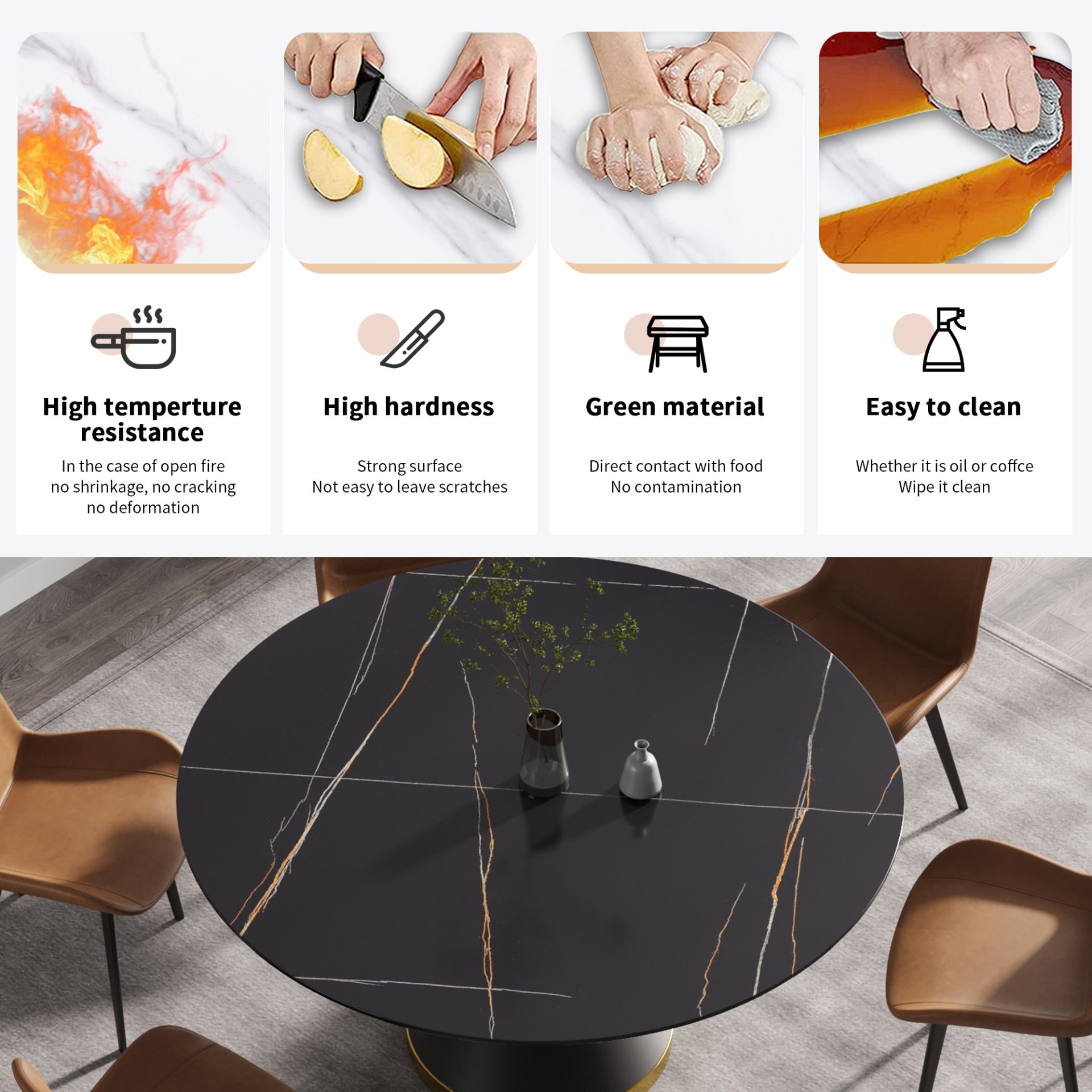 59.05" Modern Artificial Stone Round Black Carbon Steel Base Dining Table, Can Accommodate 6 People - Black - Image 6