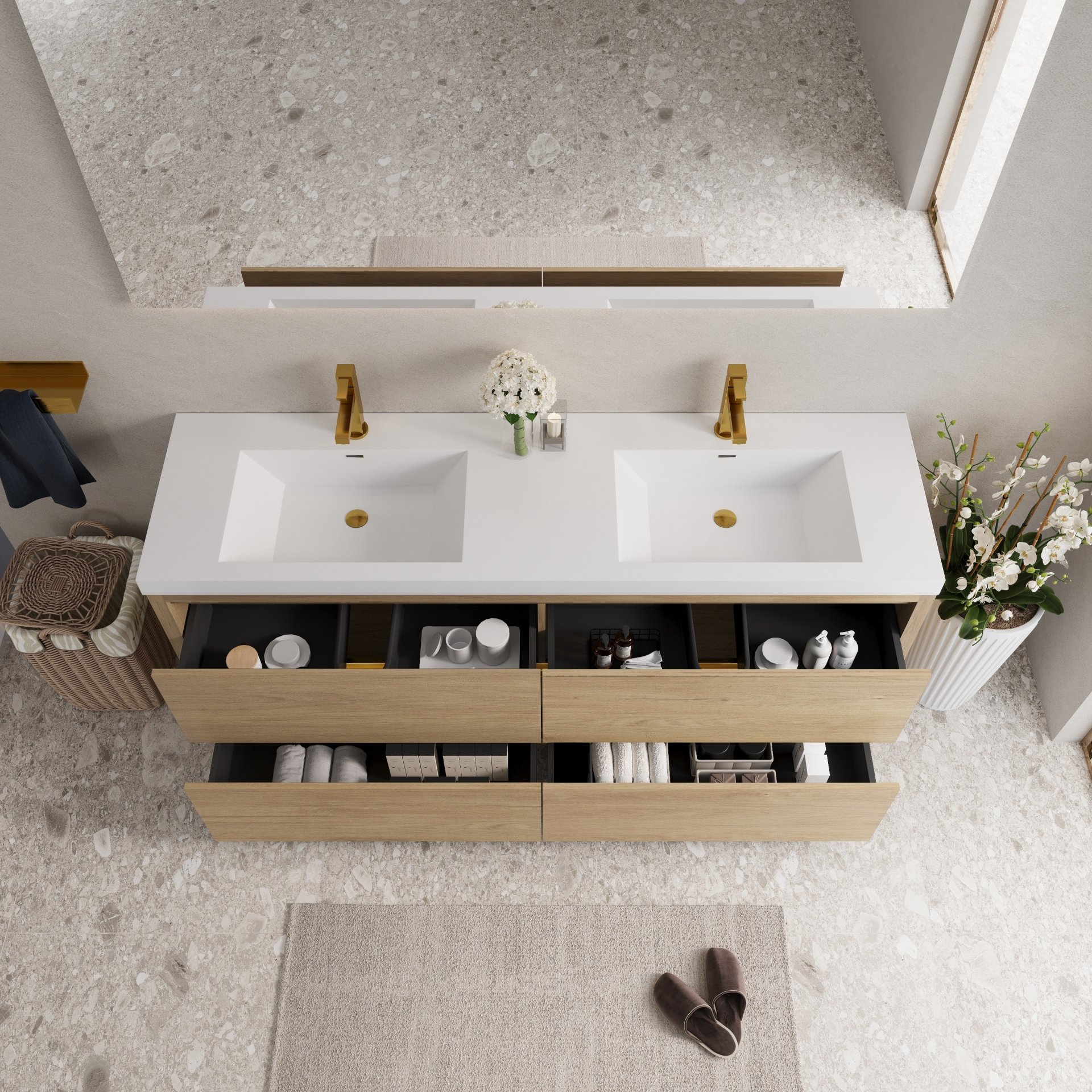 Bathin Freestanding Bathroom Vanity With Double Sinks, Bathroom Storage Vanity Cabinet With Stone Resin Countertop And Soft Close Drawers - Natural Oak - Image 10