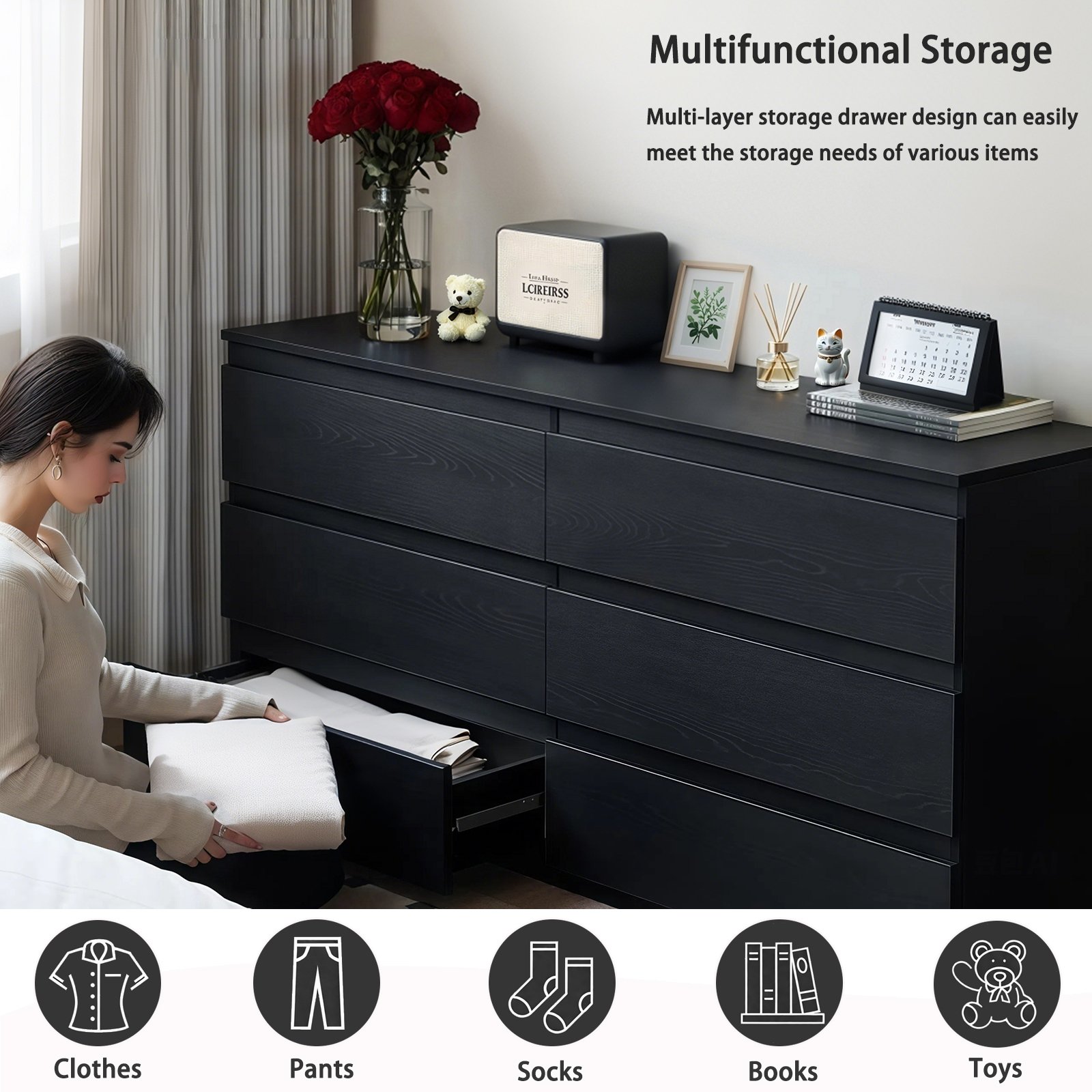 6 Drawer Dresser With Spacious Countertop And Concealed Handles, Storage Cabinet For Bedroom - Black - Image 5