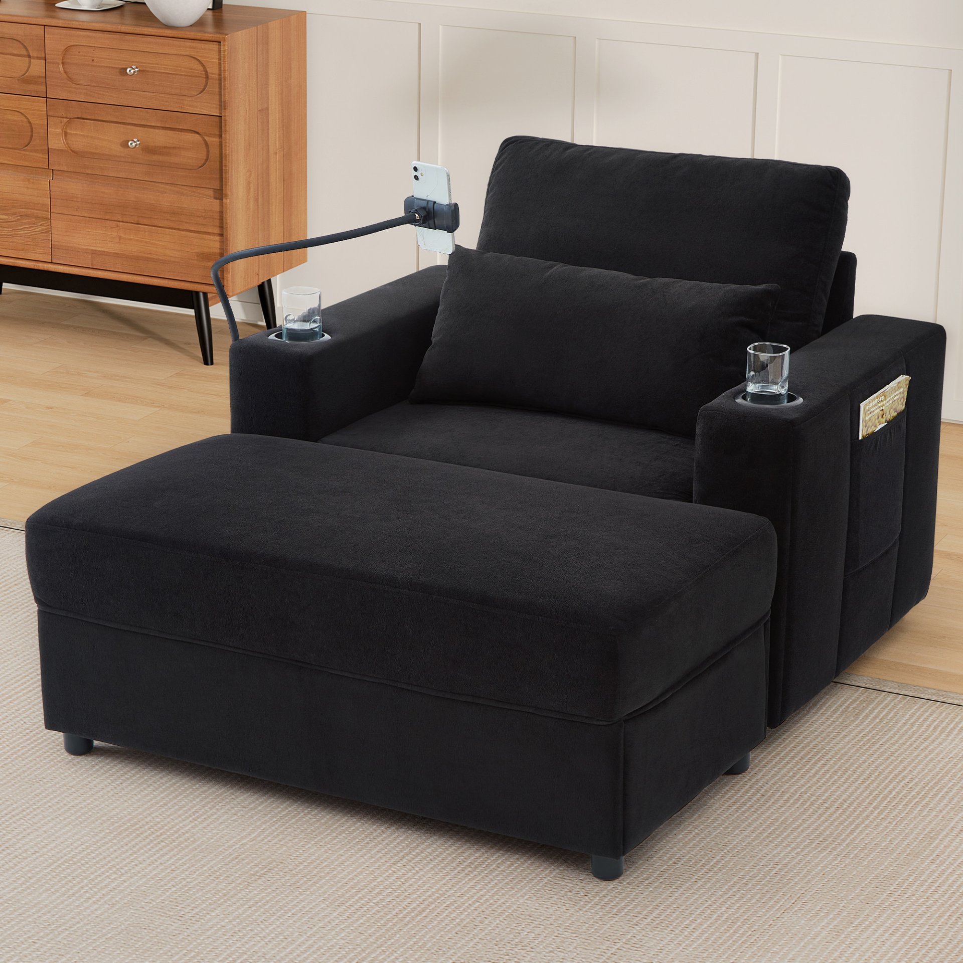Modern Style Armchair Chaise Lounge Sofa Couch With Movable Storage Ottoman, USB Ports, Cup Holders & Side Pockets Chenille - Black - Image 12