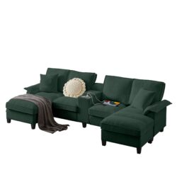 U Shaped Sectional Sofa Bed With Storage, 4 Seater, Features Cup Holders And Soft Foam Cushions - Green
