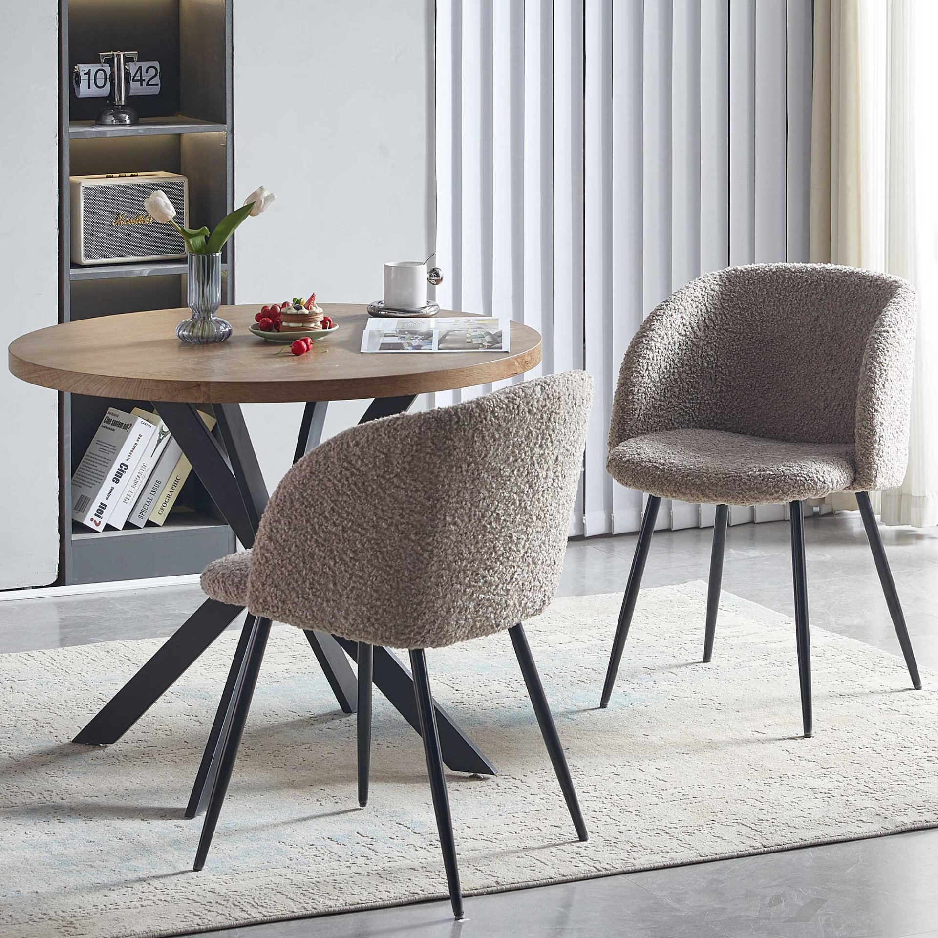 Adjust Legs Upholstered Teddy Faux Fur Dining Armrest Chair (Set of 2) - Light Brown - Image 6