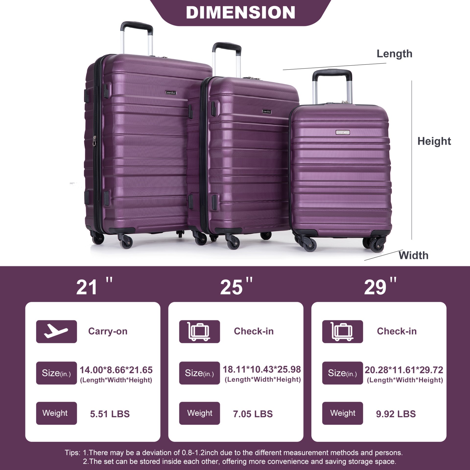 Expandable 3 Piece Luggage Sets Pc Lightweight & Durable Suitcase With Two Hooks, Spinner Wheels, Tsa Lock, (21/25/29) - Dark Purple - Image 3