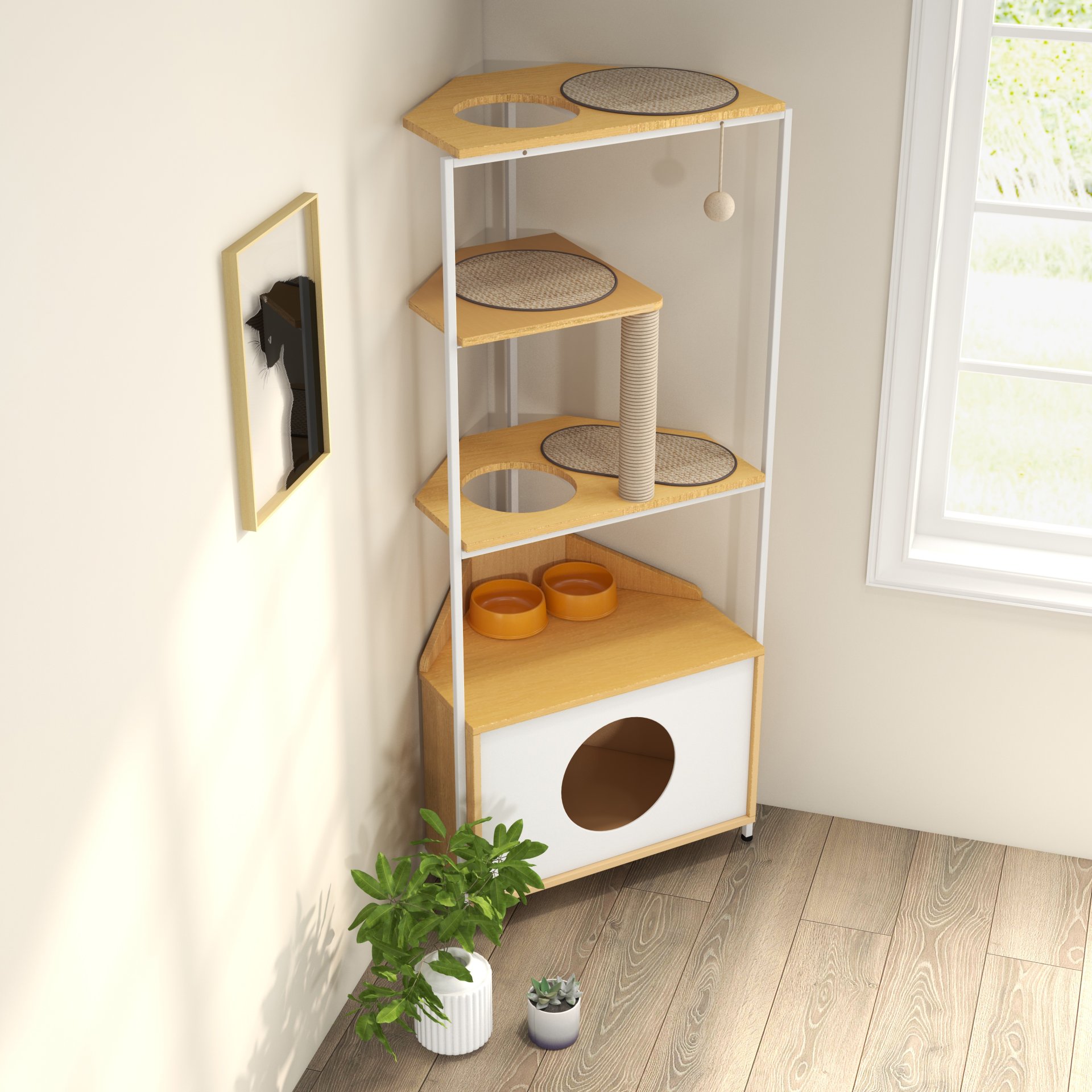 Corner Cat Tower, Cat Tree With Scratching Post, Cat Condo With Feeding Station And Climbing Platforms, Pet Furniture For Indoor Cats - White / Light Oak - Image 14