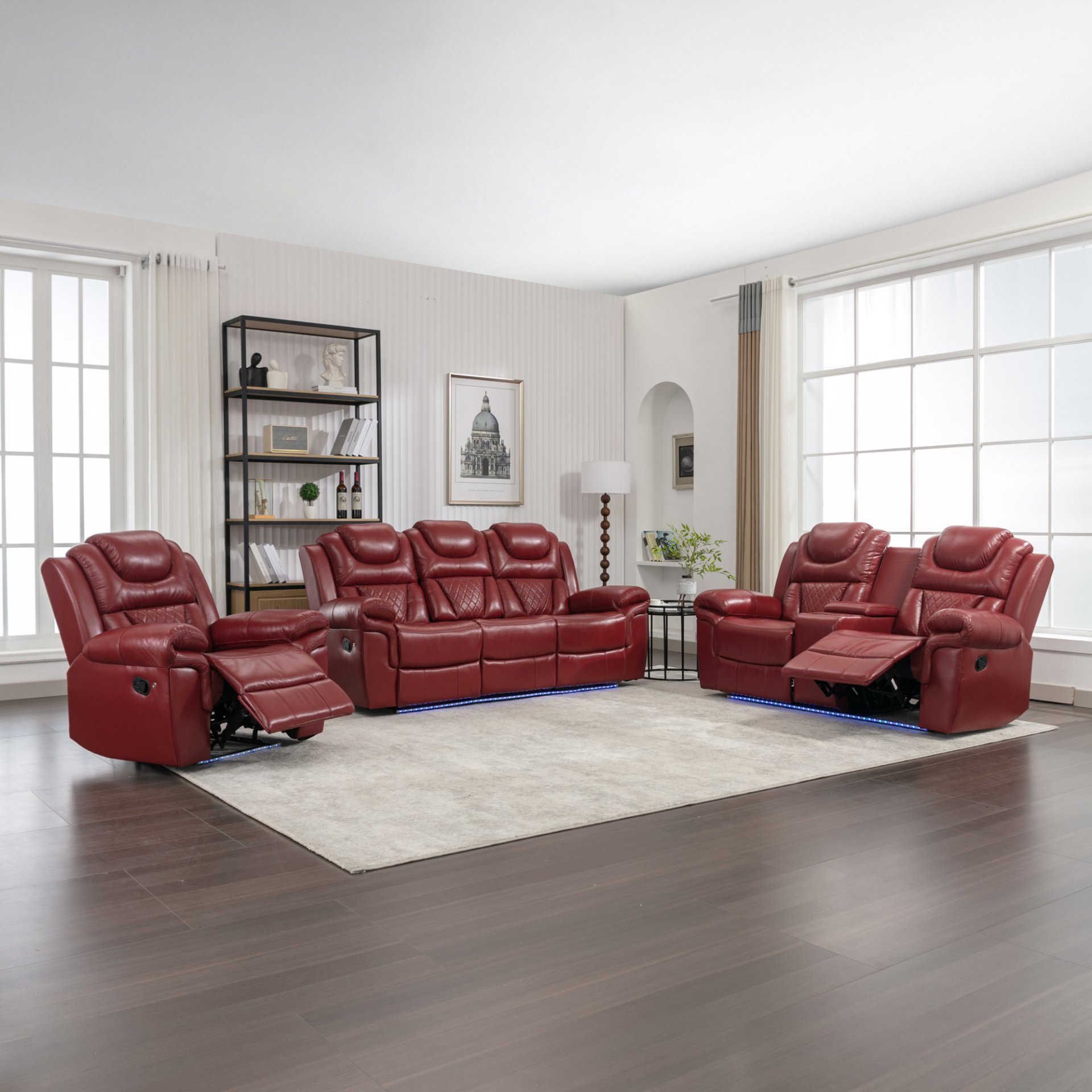 3 Pieces Recliner Sofa Sets Home Theater Seating Manual Recliner Chair With Center Console And Led Light Strip For Living Room - Wind Red - Image 11