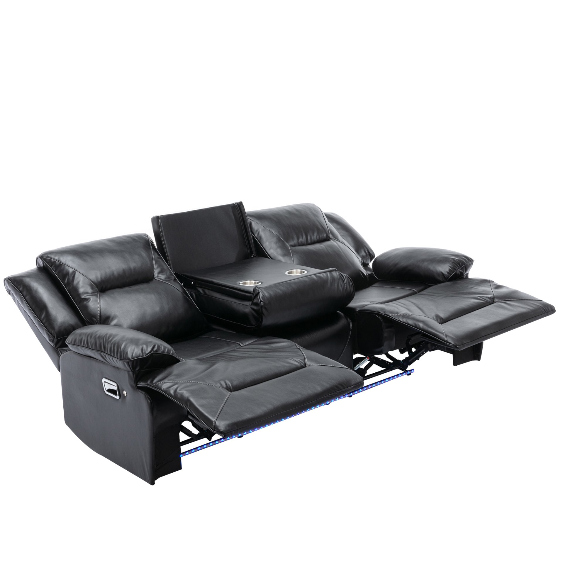 3 Seater Home Theater Recliner Manual Recliner Chair With A Led Light Strip Two Built-In Cup Holders For Living Room - Black - Image 10