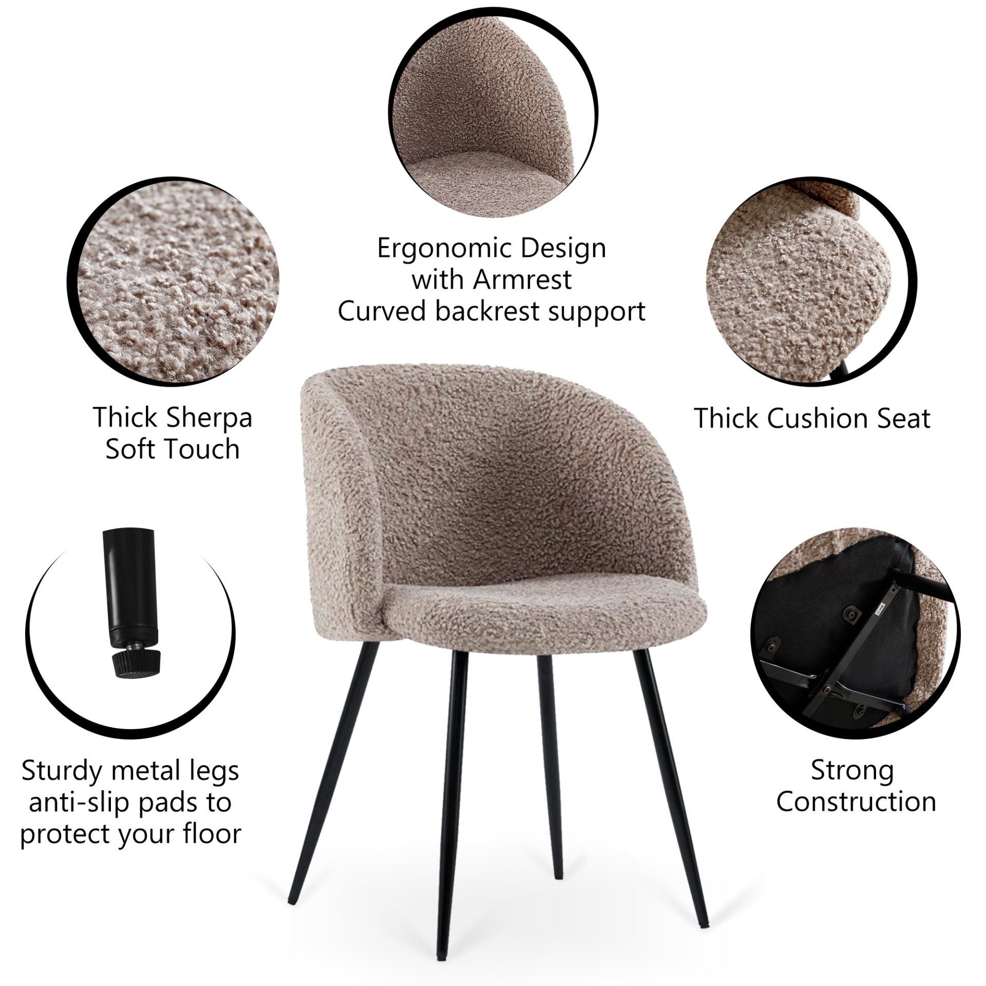 Adjust Legs Upholstered Teddy Faux Fur Dining Armrest Chair (Set of 2) - Light Brown - Image 7