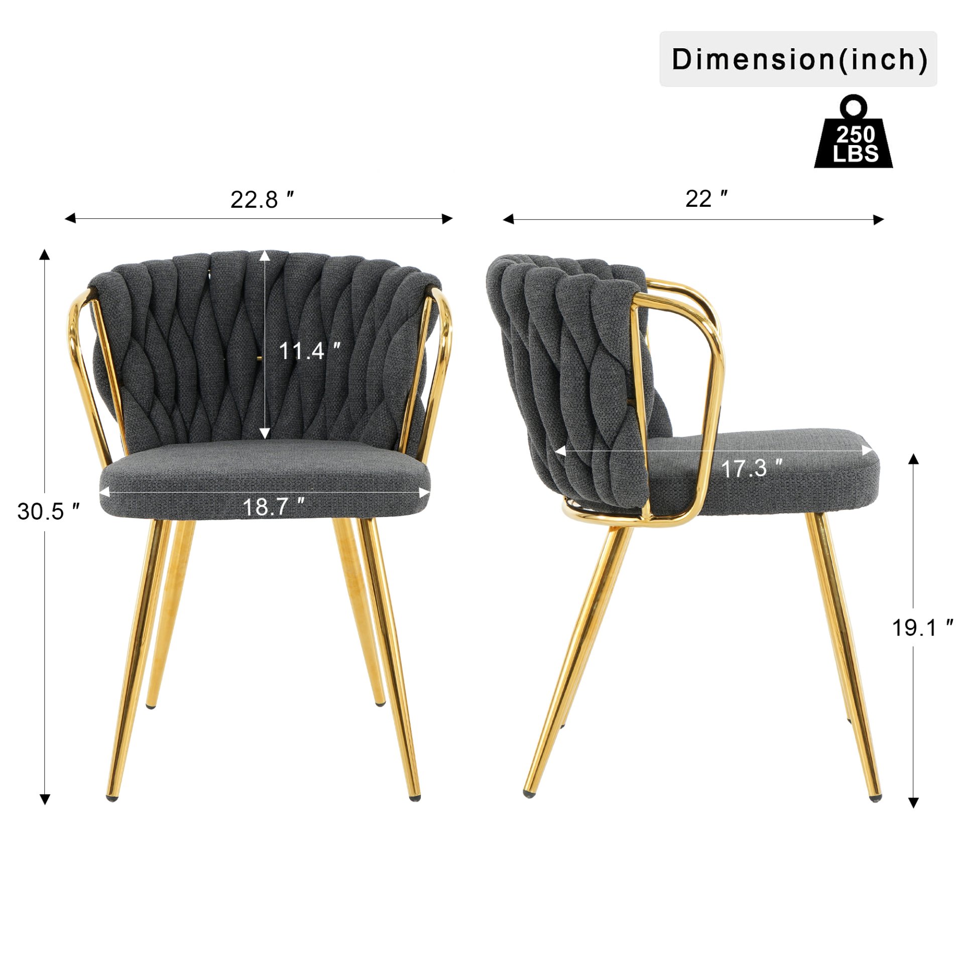 Modern Simple Dark Gray Linen Dining Chair With Plated Metal Legs, (Set of 2) - Gold - Image 3