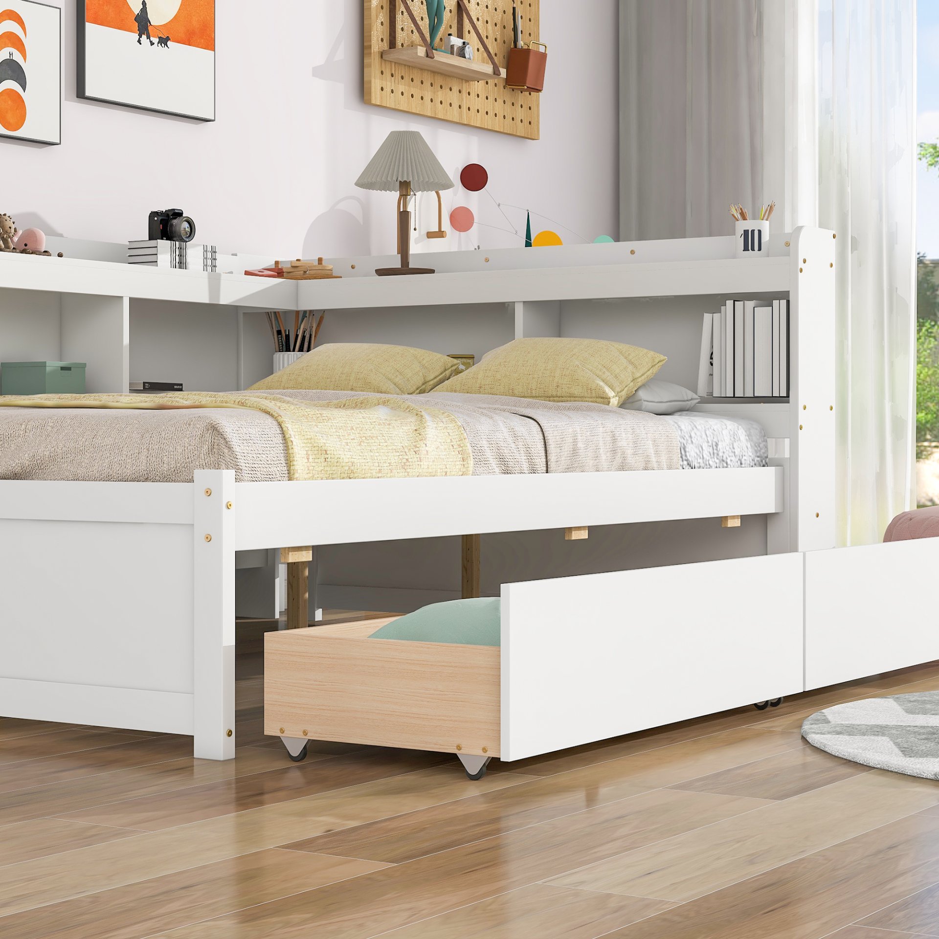 Full Bed With L-Shaped Bookcases, Drawers - White - Image 7