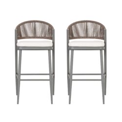Outdoor Bar Height Metal Frame Counter Stools With Scallop Shaped Backrest & Water Resistant Cushions (Set of 2) - Matte Gray