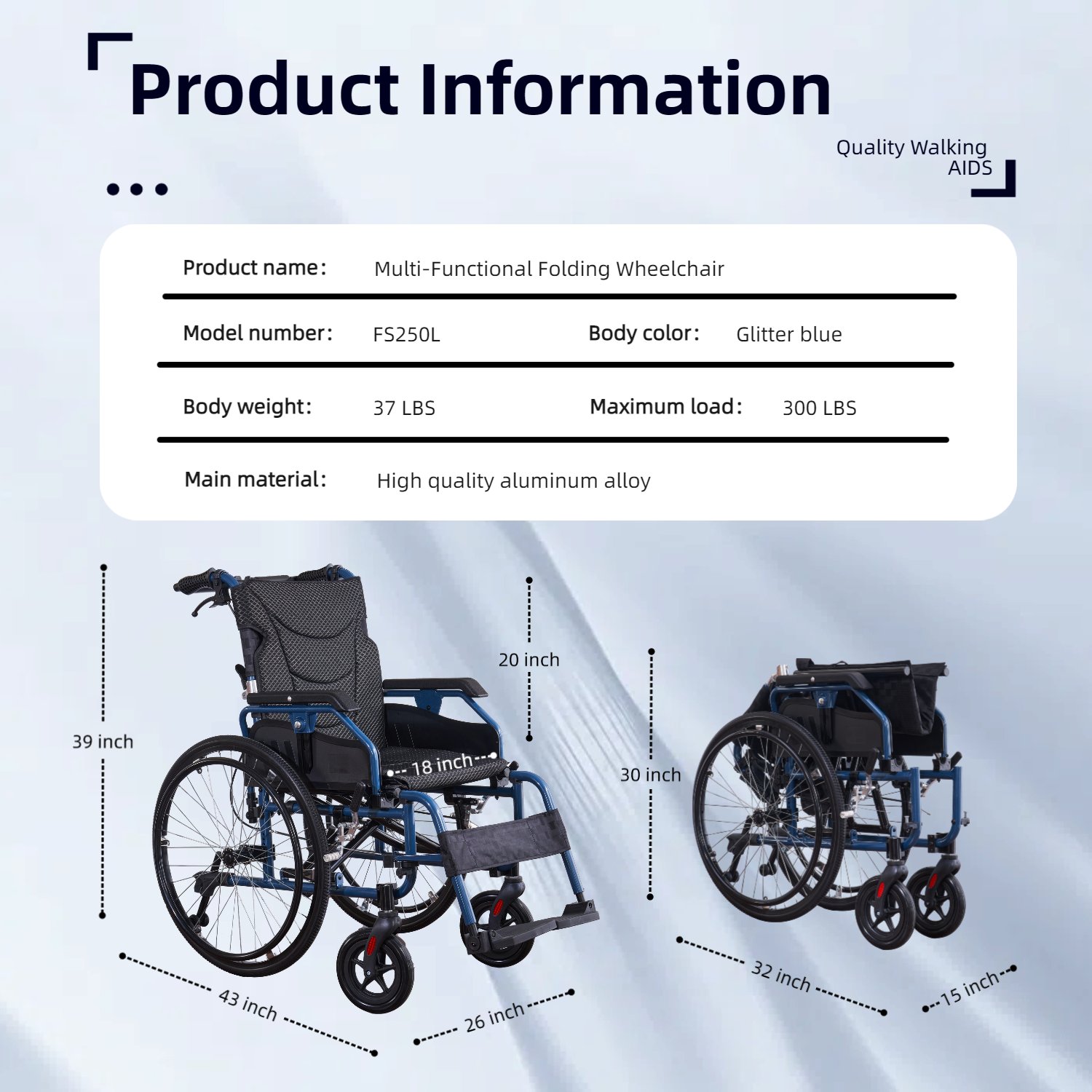 Premium Foldable Transport Wheelchair Frame Double Brakes Adjustable Armrests & Seat Belt Breathable Cushion Anti Backflip 300Lbs Capacity - Black / Blue - Image 11