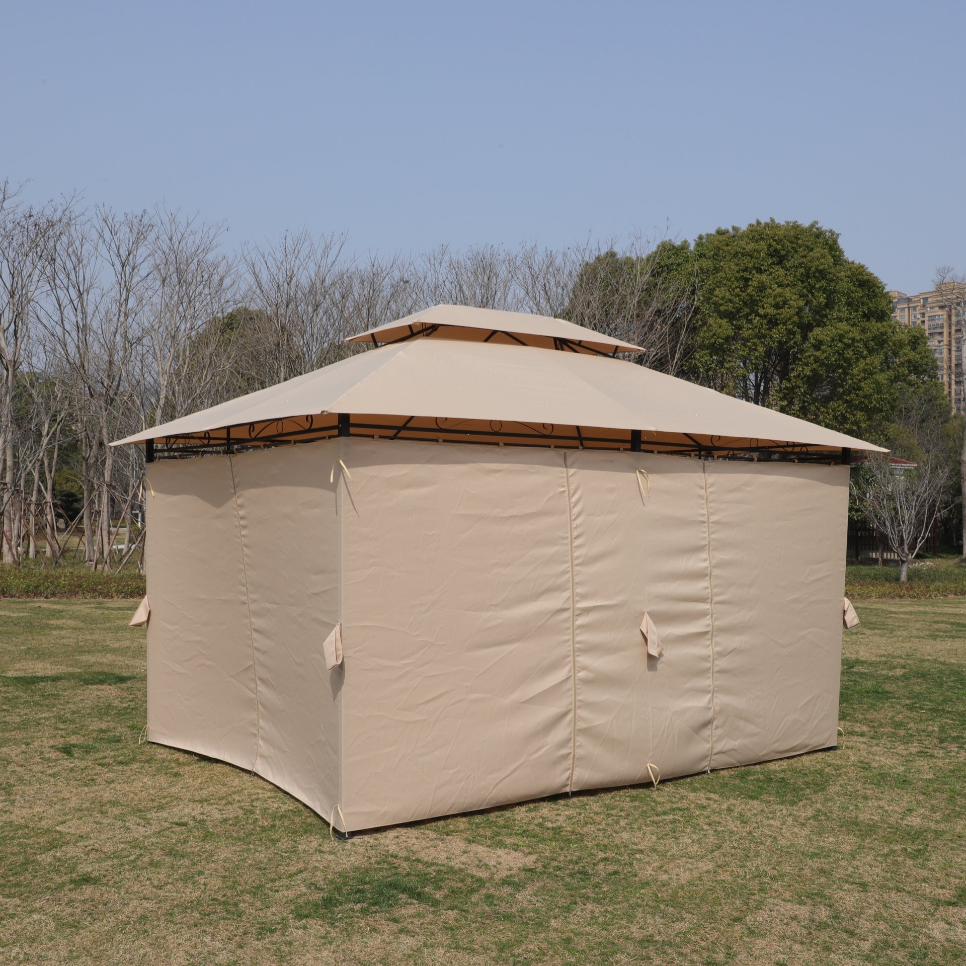 Outdoor Patio Gazebo Canopy Tent With Ventilated Double Roof And Mosquito Net, 13X10 Ft - Khaki - Image 9