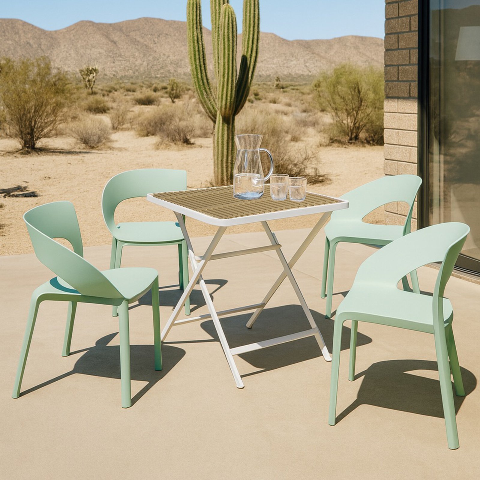 4 Piece Set Of Color Block Designed Single Chairs & Folding Square Table - Haze Green / Khaki / White - Image 4