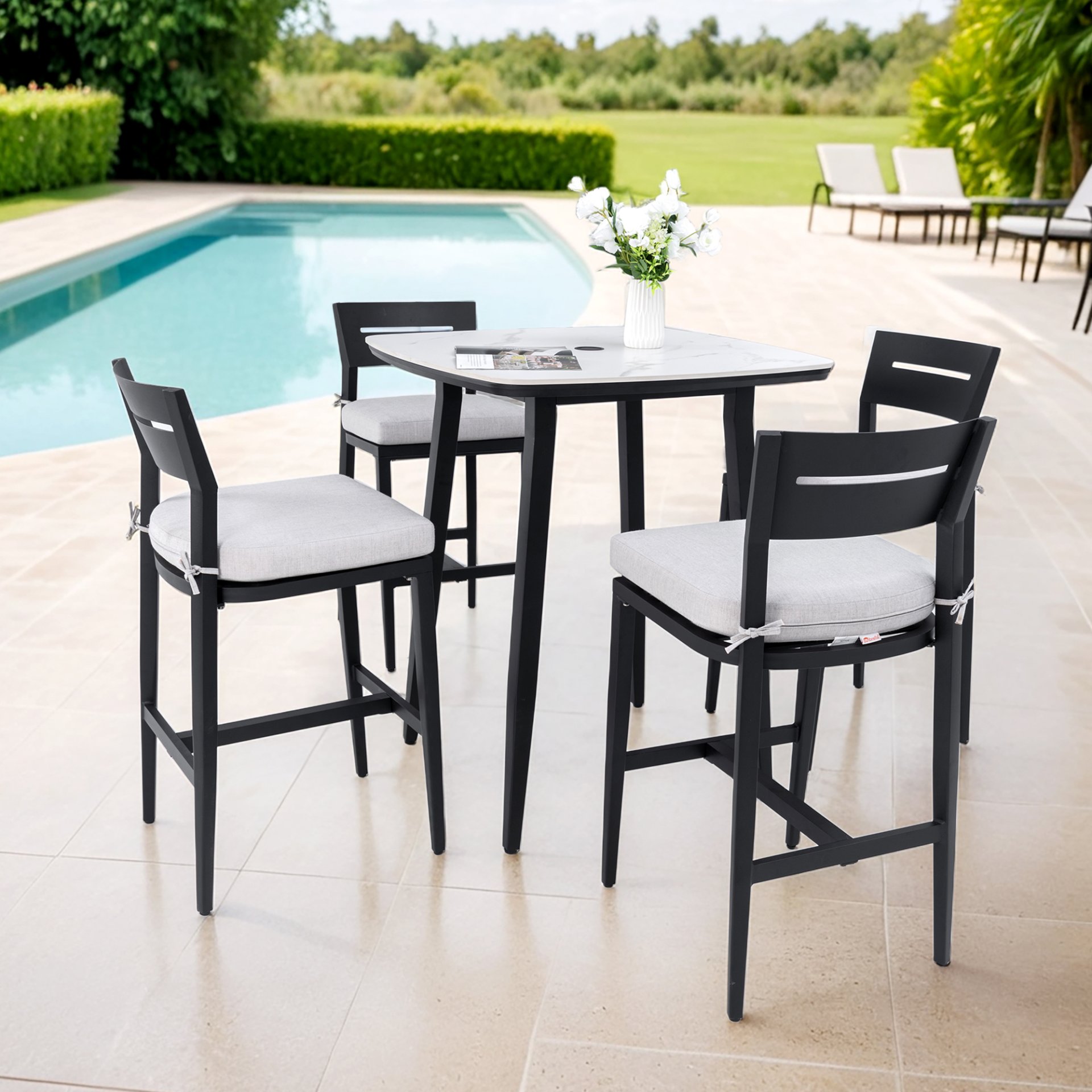 5 Pieces Modern Outdoor Bar Set, Sintered Stone Table With White Inspired Top & 4 Bar Stools, Sunbrella Cushions, Weather Resistant - Ember Black / White - Image 2