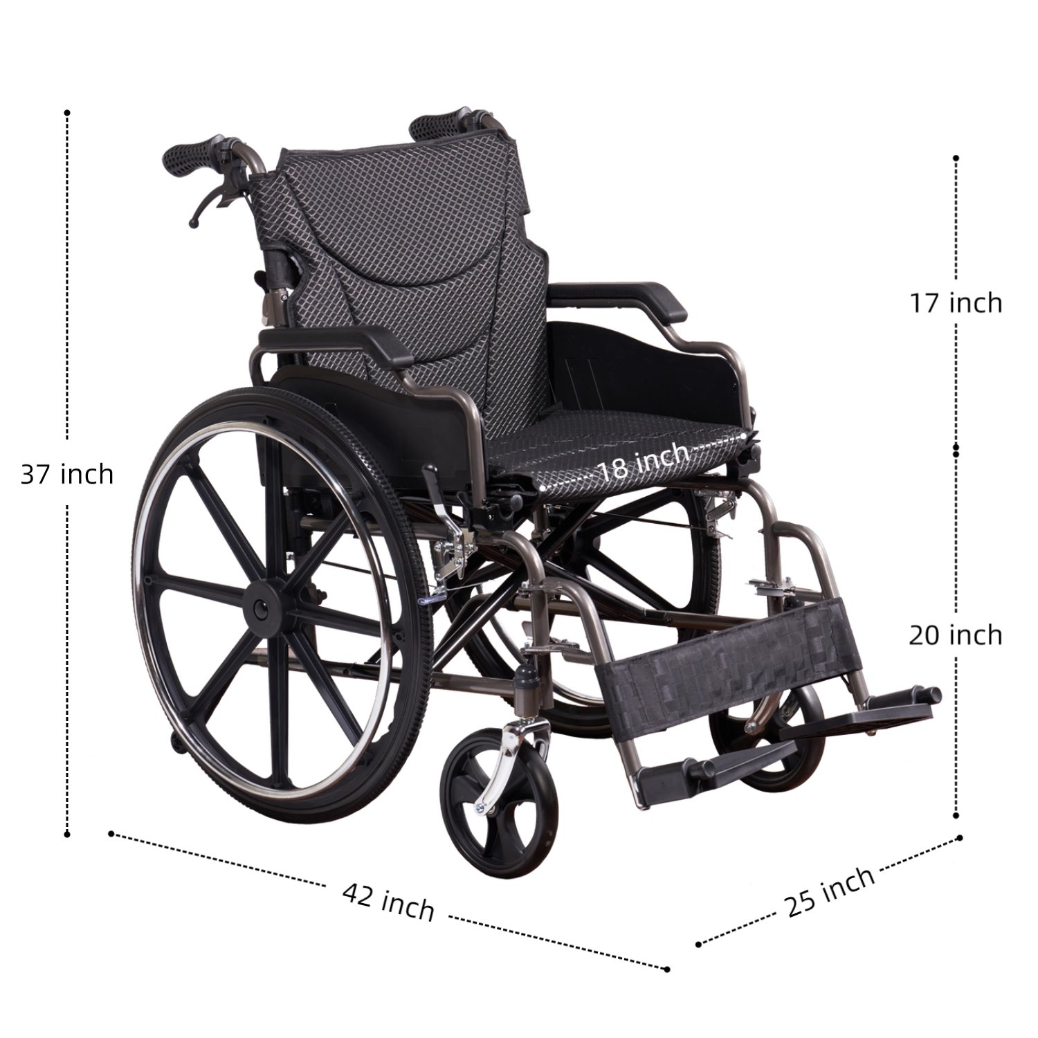 Lightweight Wheelchair Foldable Manual Transport Chair With Double Brakes 300 Lbs Capacity & 24" Tires Safe Durable All Terrain Wheelchair For & Disabled - Dark Gray - Image 3