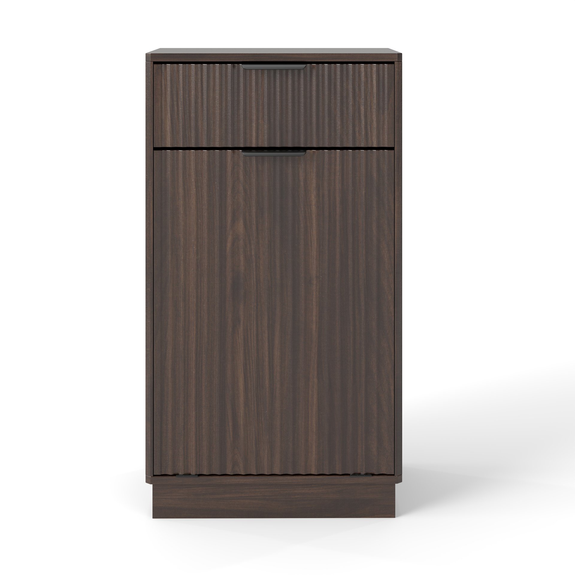 Tilt Out Trash Can Cabinet With Wave Textured Drawer & Pull Out Bin - Walnut - Image 13