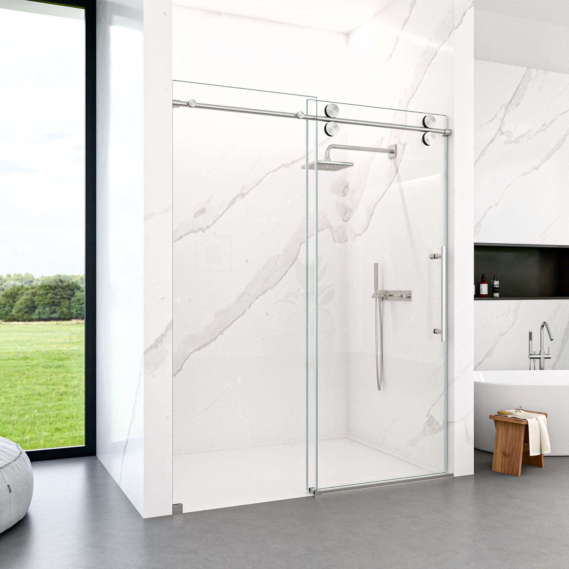 Frameless Single Sliding Shower Door With Bypass Design Clear Tempered Glass - Brushed Nickel - Image 4
