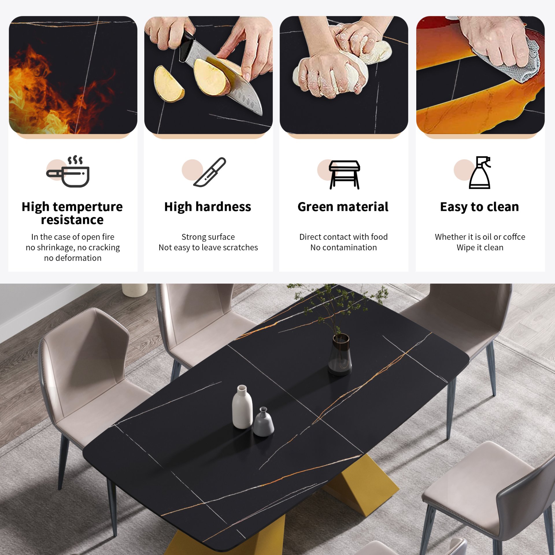 63" Artificial Stone Black Curved Golden Metal Leg Dining Table, 6 People - Black / Gold - Image 12
